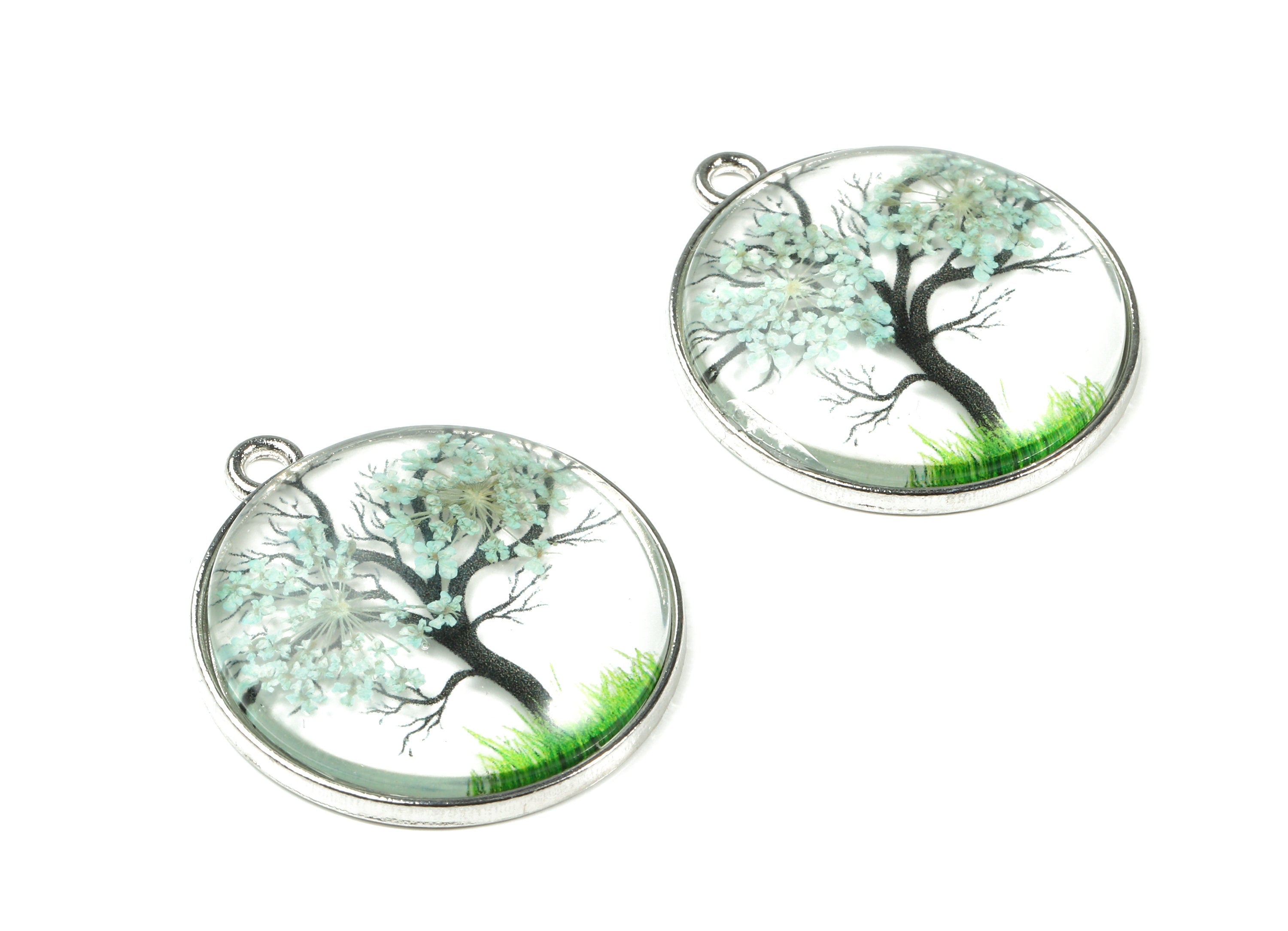 Real Flower Tree Pendant - Pressed Blue Flower in Round Glass - Handmade Pressed Natural Flower Jewelry - 36.38x32.14x7.14mm - GS1035 - DOMEDBAZAAR