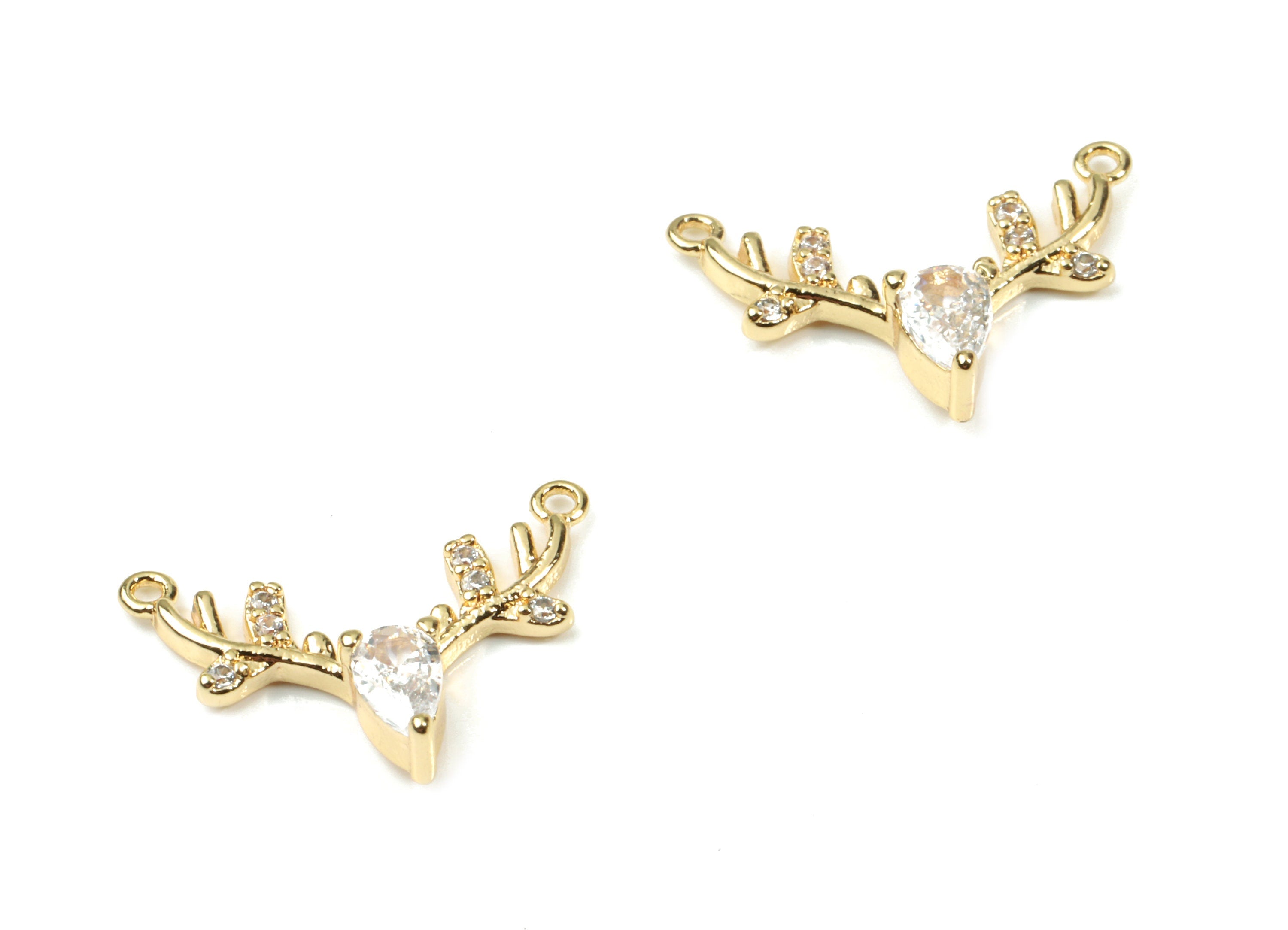 Brass Deer Head Pendant - Gold Deer Head Connector With Zircons Charm For Necklace - 18K Real Gold Plated Brass - 17.08x10.82x3mm - RGP2585 - DOMEDBAZAAR