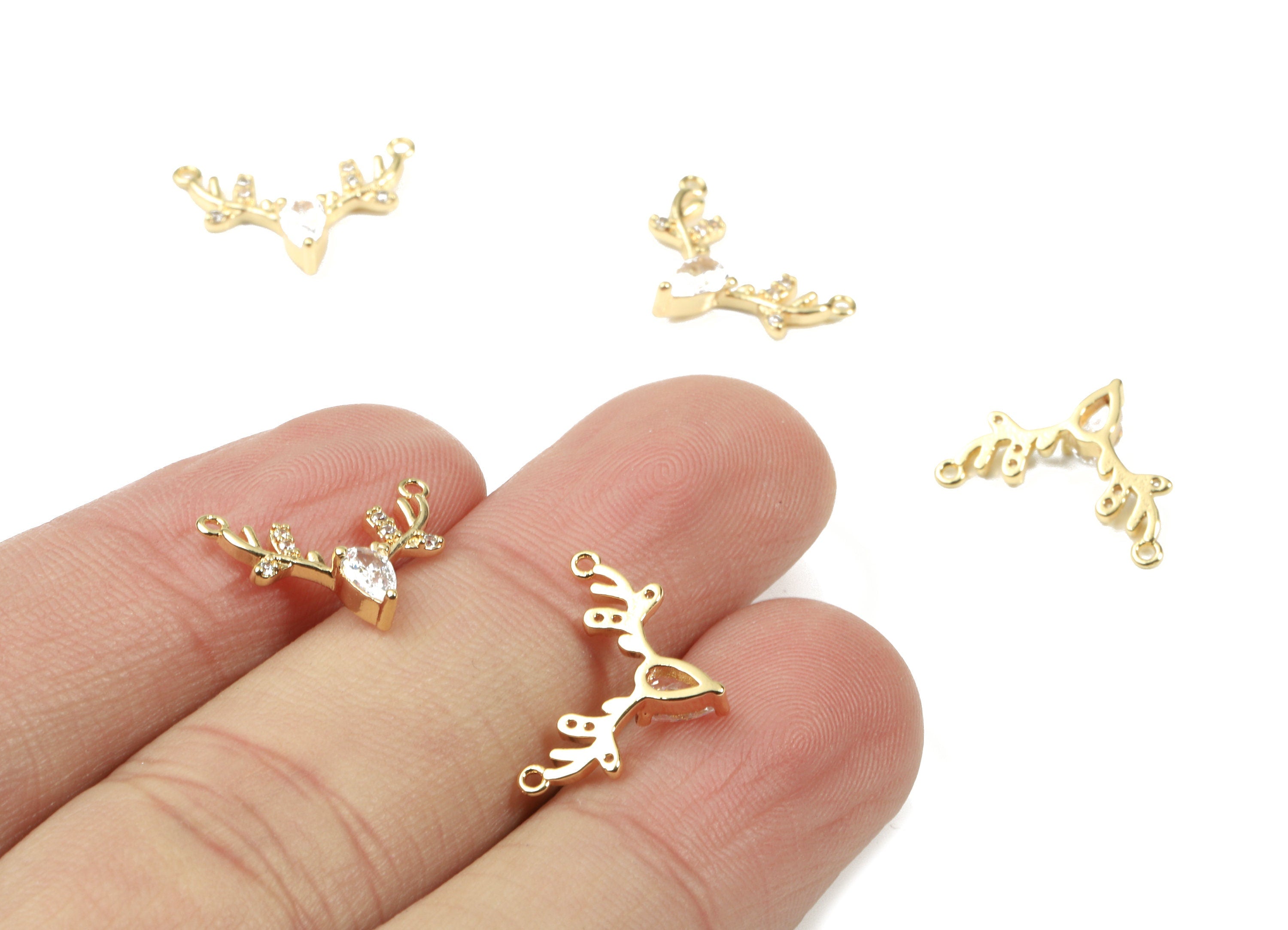 Brass Deer Head Pendant - Gold Deer Head Connector With Zircons Charm For Necklace - 18K Real Gold Plated Brass - 17.08x10.82x3mm - RGP2585 - DOMEDBAZAAR