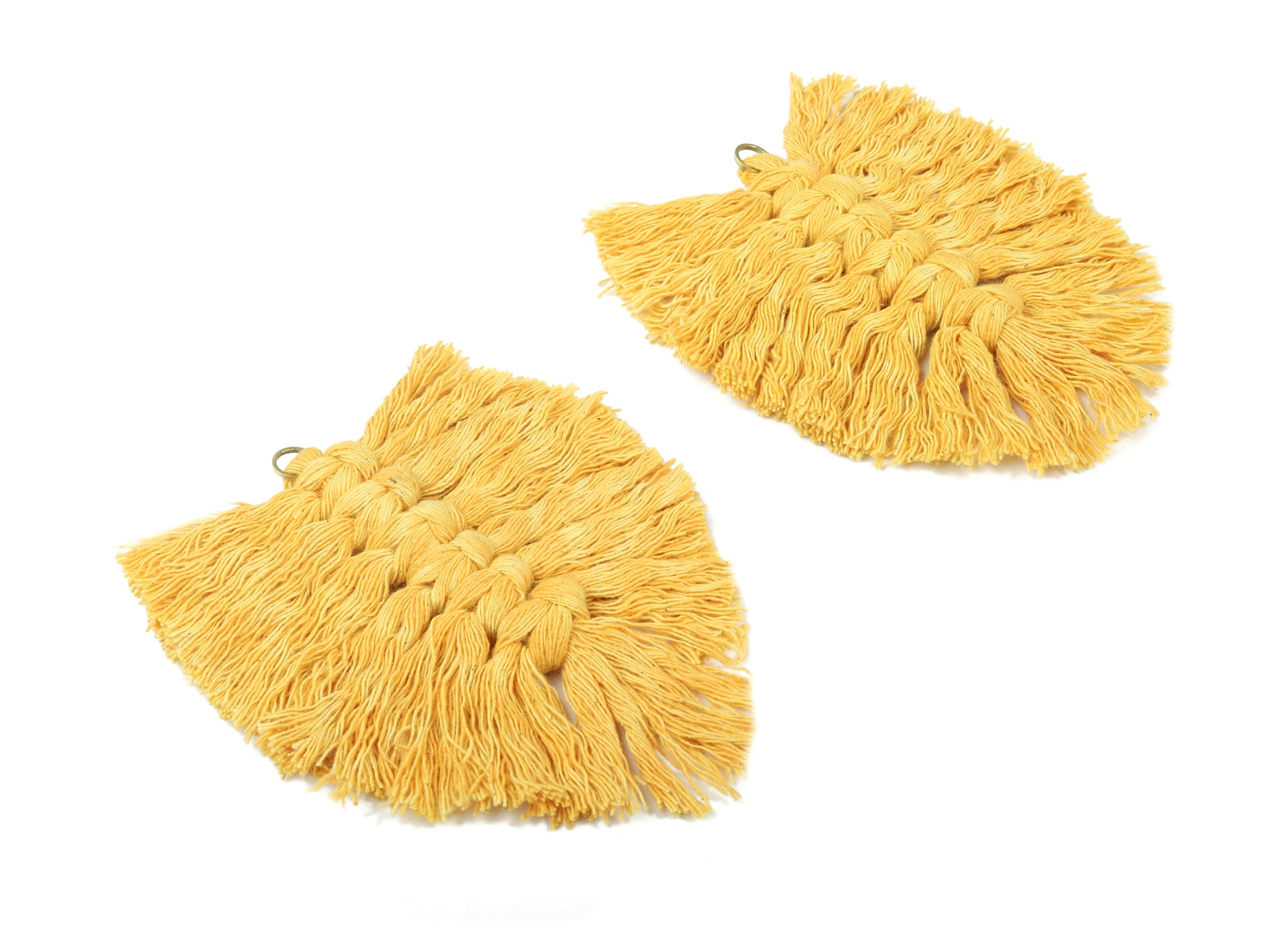 Macrame Feather Earrings - Handmade Cotton Leaf Tassel Earrings - Fringe Earrings - Raw Brass Hoop - 116x85x9.14mm - TS1135-55 - DOMEDBAZAAR