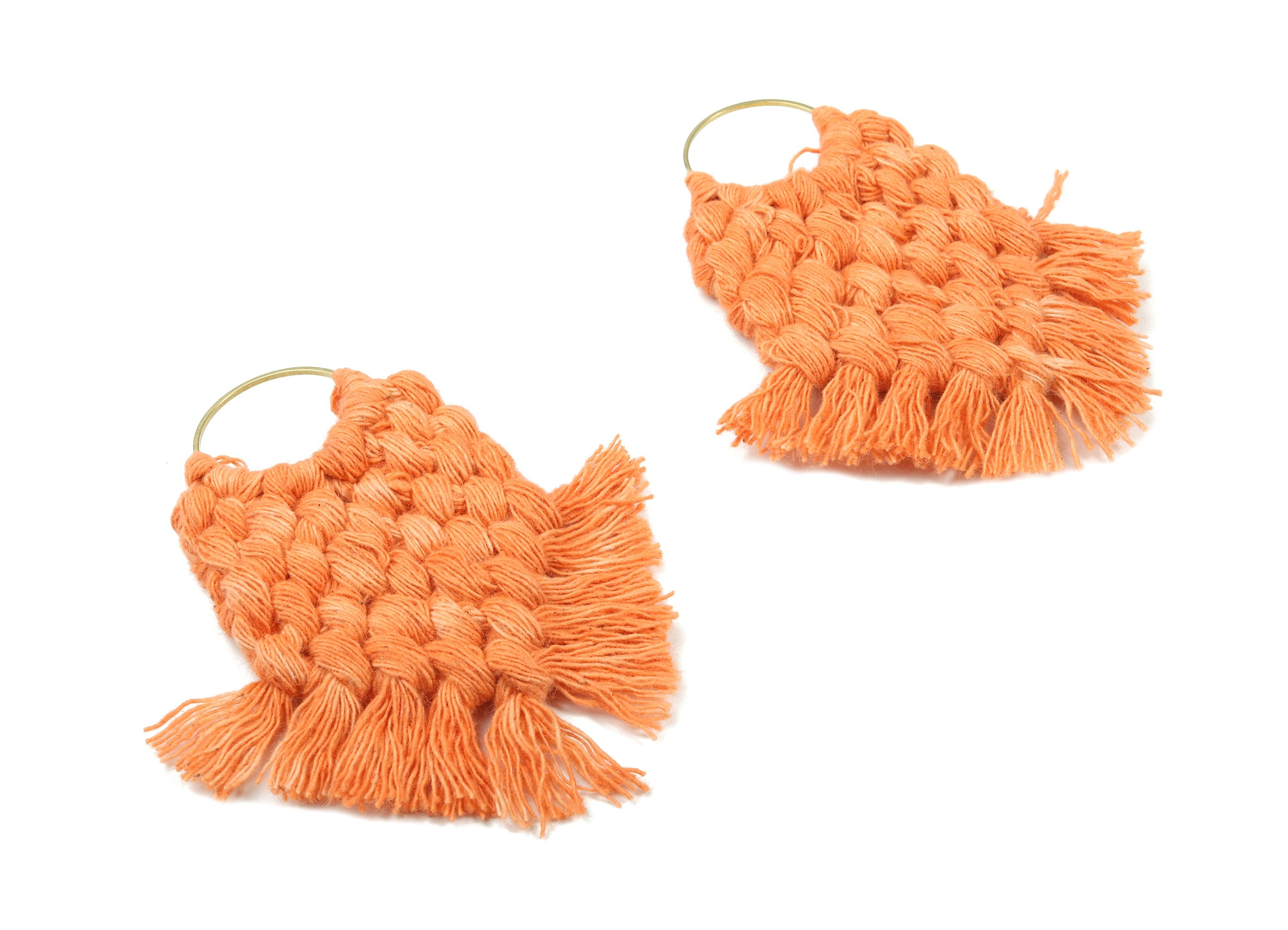 Macrame Earrings - Handmade Cotton Tassel Earrings - Fringe Earrings - Raw Brass Hoop -Luxe Tassel - 80x73x7.82mm - TS1133-57 - DOMEDBAZAAR