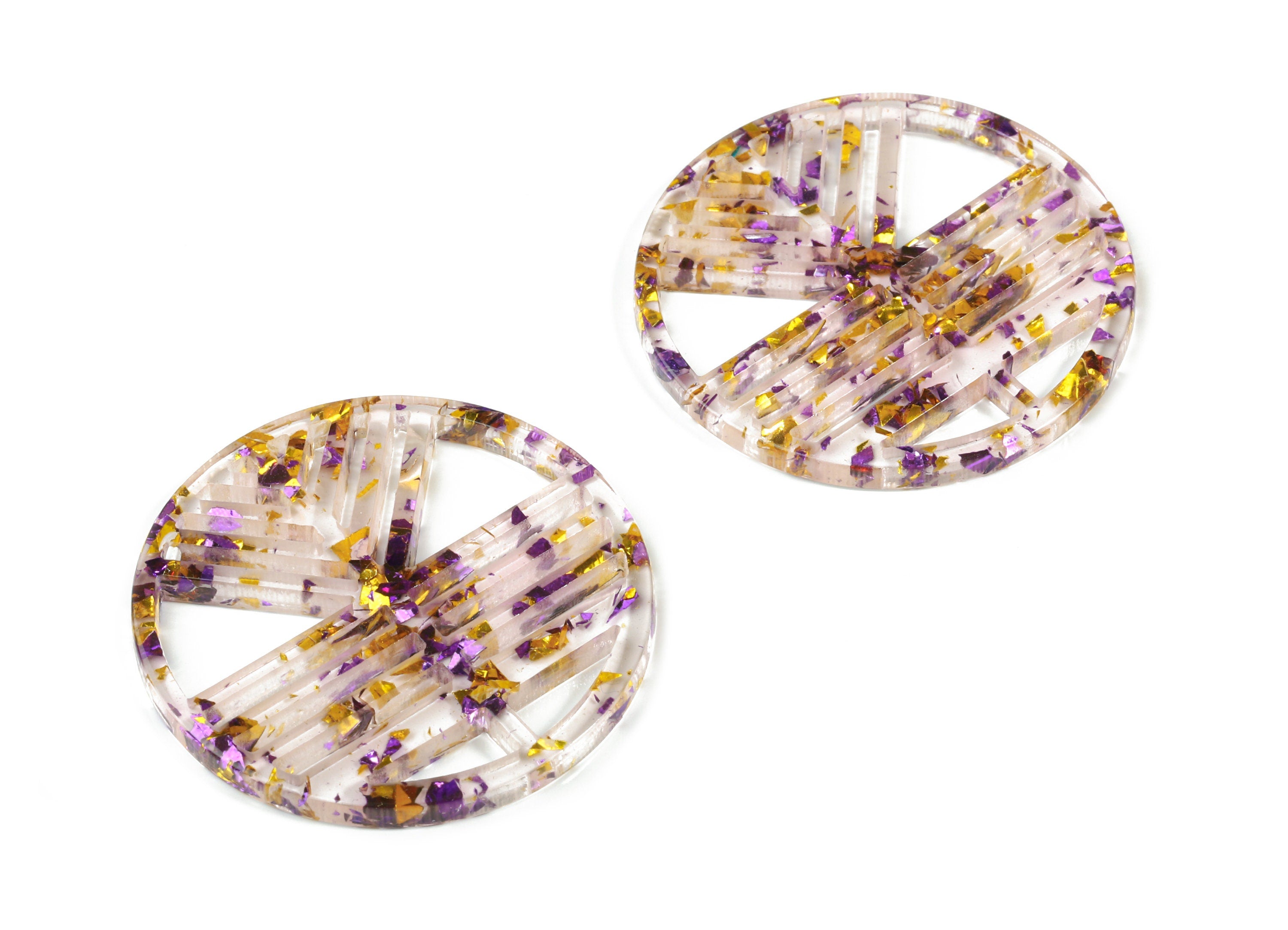 Acrylic Geometric Charms - Round Earring Charm - Purple & Gold Confetti - Jewelry Supplies - Color Code:A388 - 39.5x39.5x2.9mm - AC1820-A388 - DOMEDBAZAAR