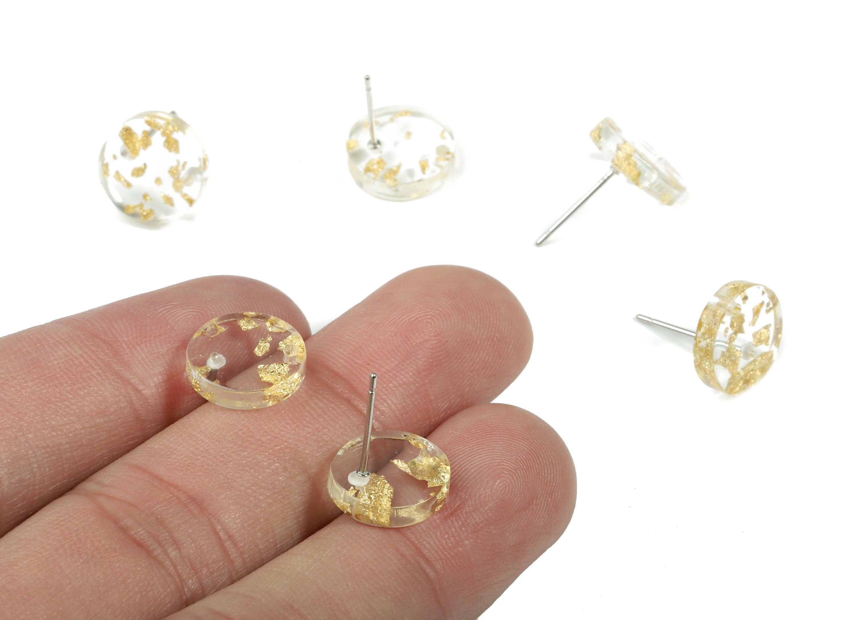 Acrylic Round Earring Stud - Circle Earring Post - Gold Color Flake - Surgical Stud - Color Code: A255 - 11.6x11.6x2.95mm - AC1139-A255 - DOMEDBAZAAR
