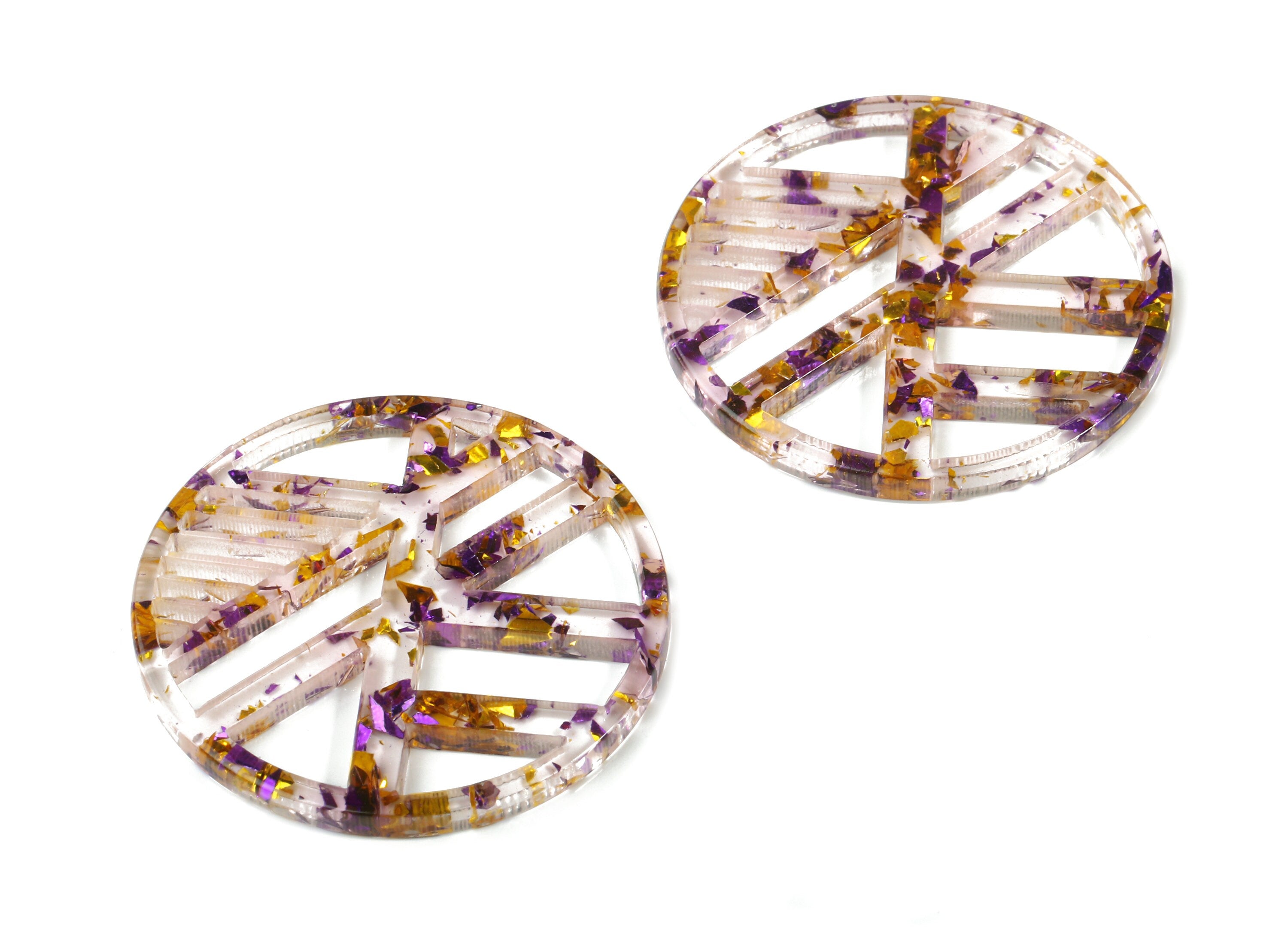 Acrylic Geometric Charms - Round Earring Charm - Purple & Gold Confetti - Jewelry Supplies - Color Code:A388 - 39.6x39.6x2.9mm - AC1819-A388 - DOMEDBAZAAR