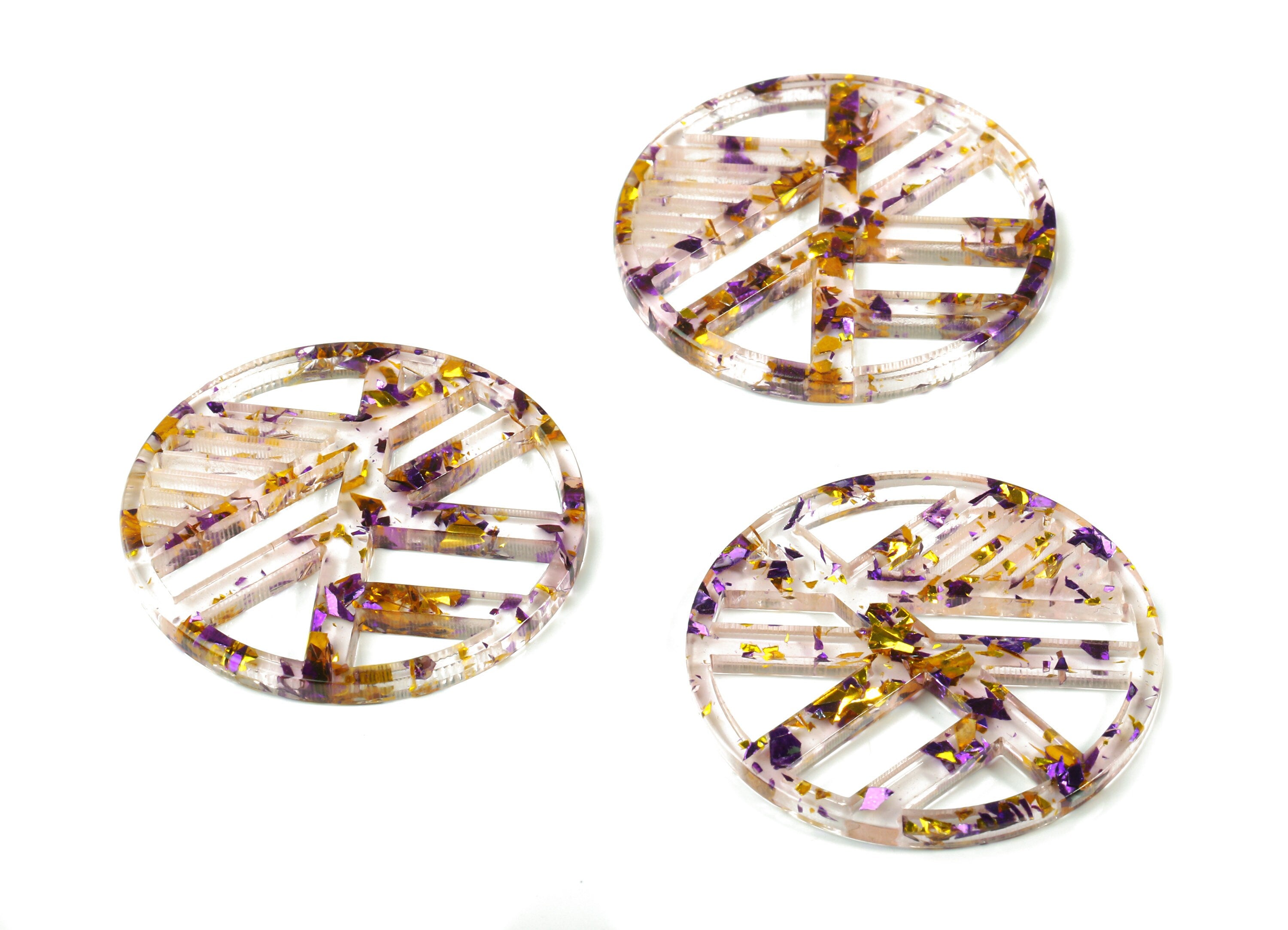 Acrylic Geometric Charms - Round Earring Charm - Purple & Gold Confetti - Jewelry Supplies - Color Code:A388 - 39.6x39.6x2.9mm - AC1819-A388 - DOMEDBAZAAR