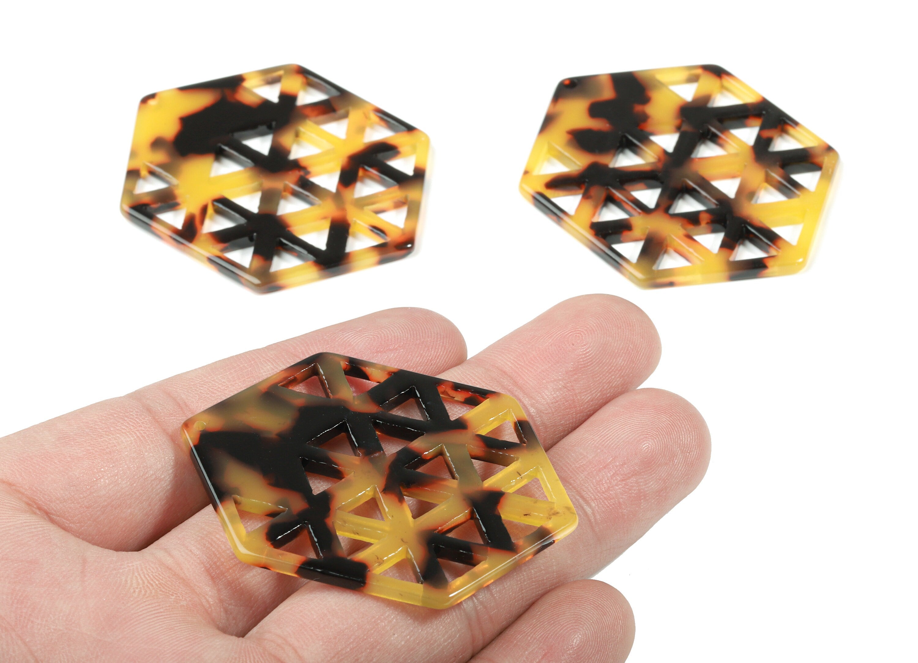 Acetate Hexagon Earring Charms - Honeycomb Pendant - Tortoise Shell - Jewelry Supplies - Color Code:A01 - 52.1x39.4x2.6mm - AC1821-A01 - DOMEDBAZAAR