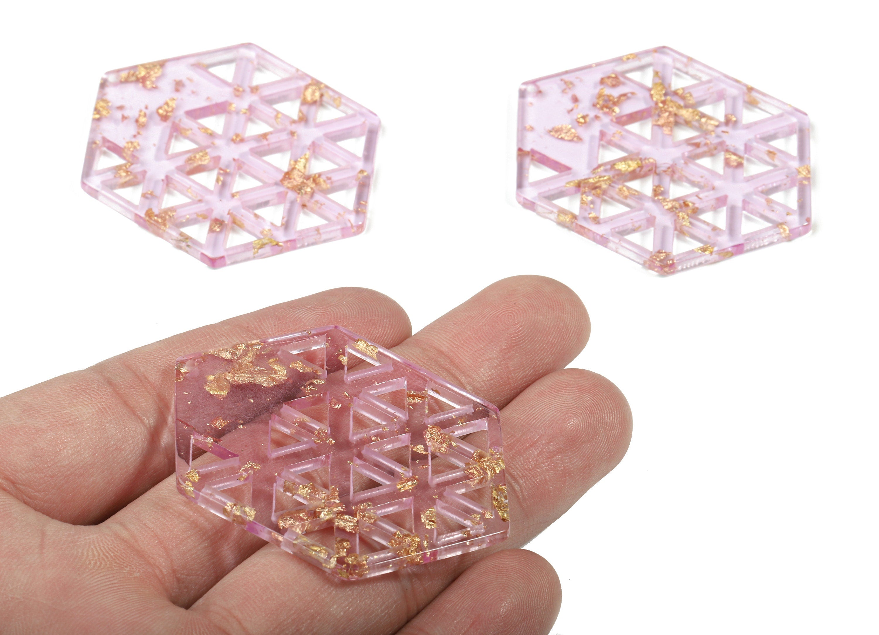 Acrylic Hexagon Earring Charm - Honeycomb Pendant - Gold Confetti - Color Code:A293 - 52.36x39.21x2.66mm - AC1821-A293 - DOMEDBAZAAR