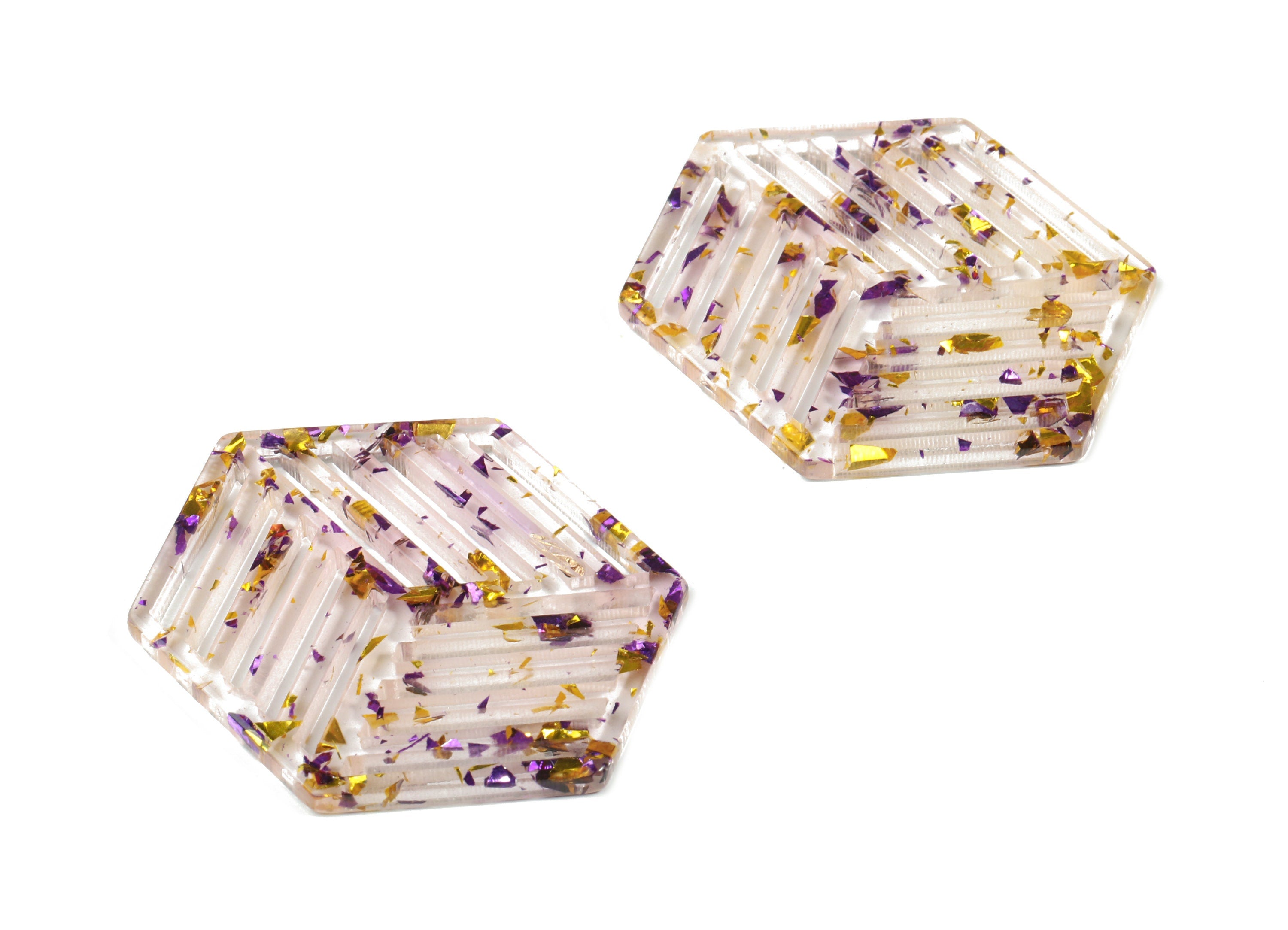 Acrylic Hexagon Earring Charm - Hexagon Pendant - Purple & Gold Confetti - Jewelry Supplies - Color Code:A388 - 45x34.6x2.6mm - AC1823-A388 - DOMEDBAZAAR