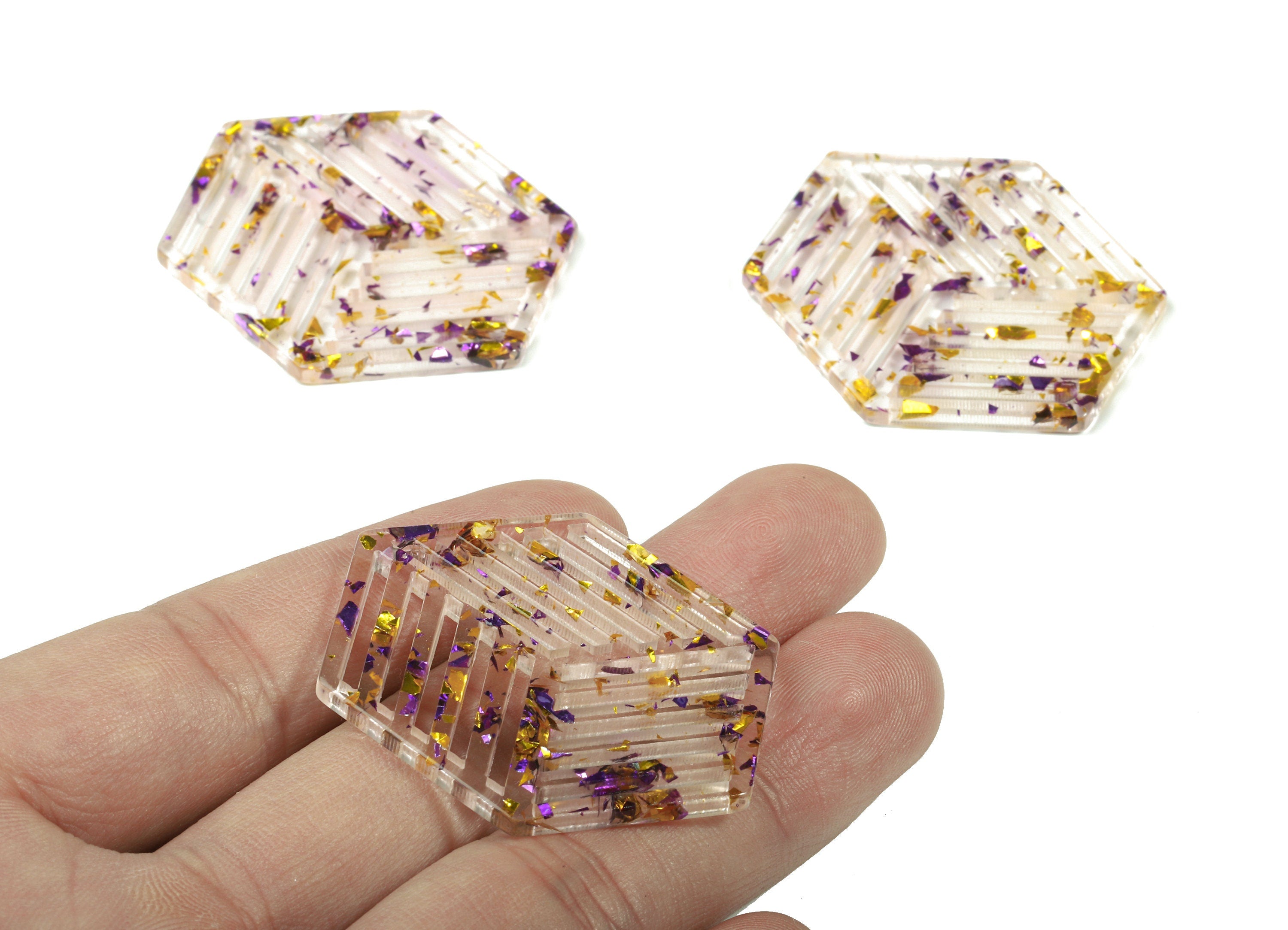 Acrylic Hexagon Earring Charm - Hexagon Pendant - Purple & Gold Confetti - Jewelry Supplies - Color Code:A388 - 45x34.6x2.6mm - AC1823-A388 - DOMEDBAZAAR
