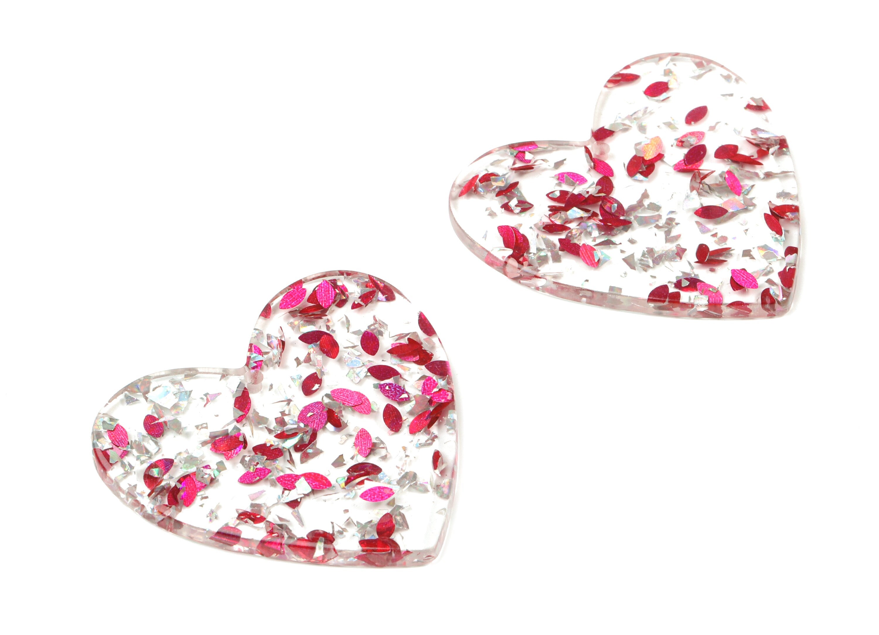 Acrylic Heart Earring Charms - Heart Pendant - Silver Pink Foil and Confetti - Color Code: A438- 41.69x42.67x2.77mm - AC1746-A438 - DOMEDBAZAAR