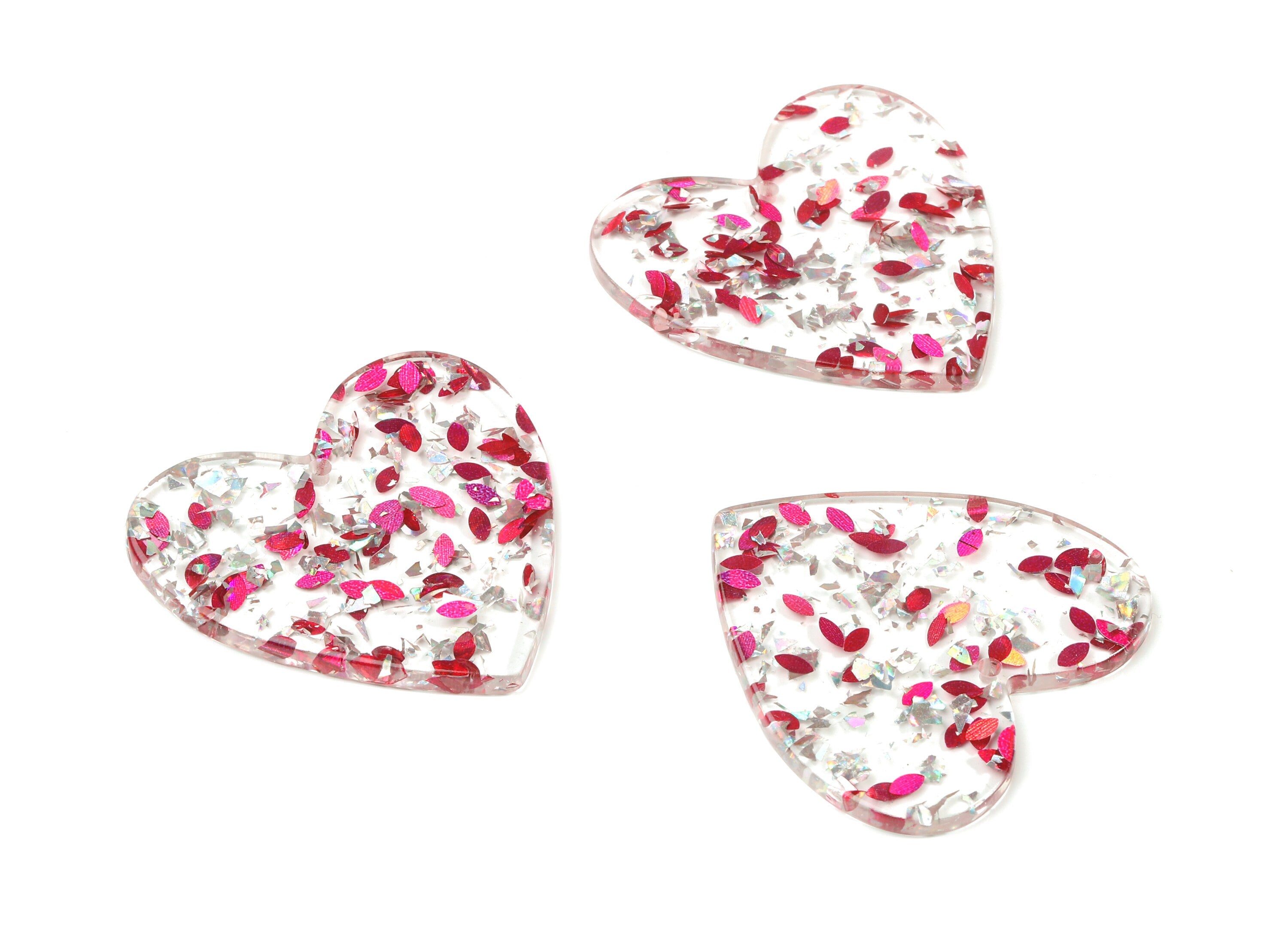 Acrylic Heart Earring Charms - Heart Pendant - Silver Pink Foil and Confetti - Color Code: A438- 41.69x42.67x2.77mm - AC1746-A438 - DOMEDBAZAAR