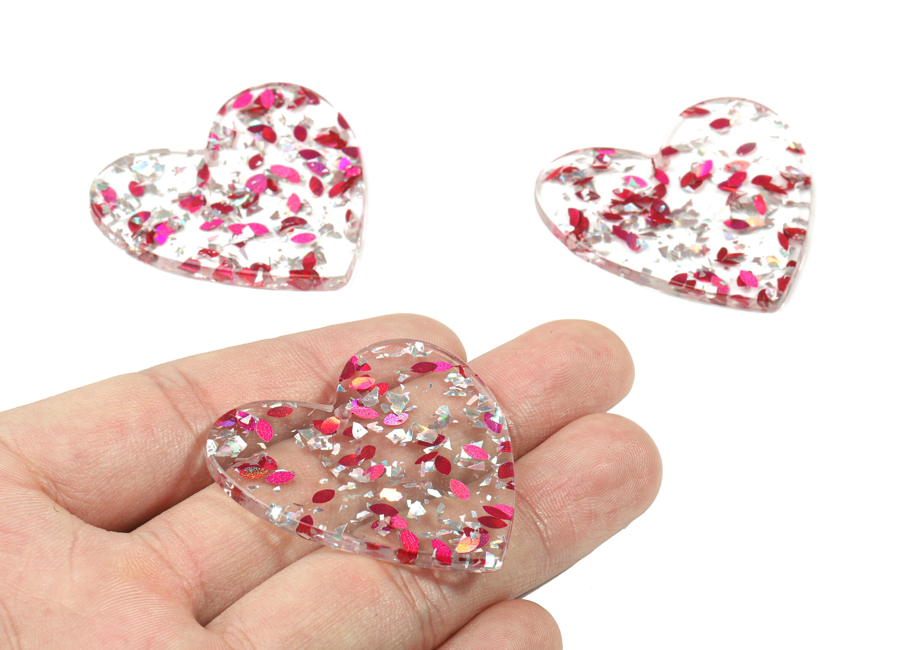 Acrylic Heart Earring Charms - Heart Pendant - Silver Pink Foil and Confetti - Color Code: A438- 41.69x42.67x2.77mm - AC1746-A438 - DOMEDBAZAAR
