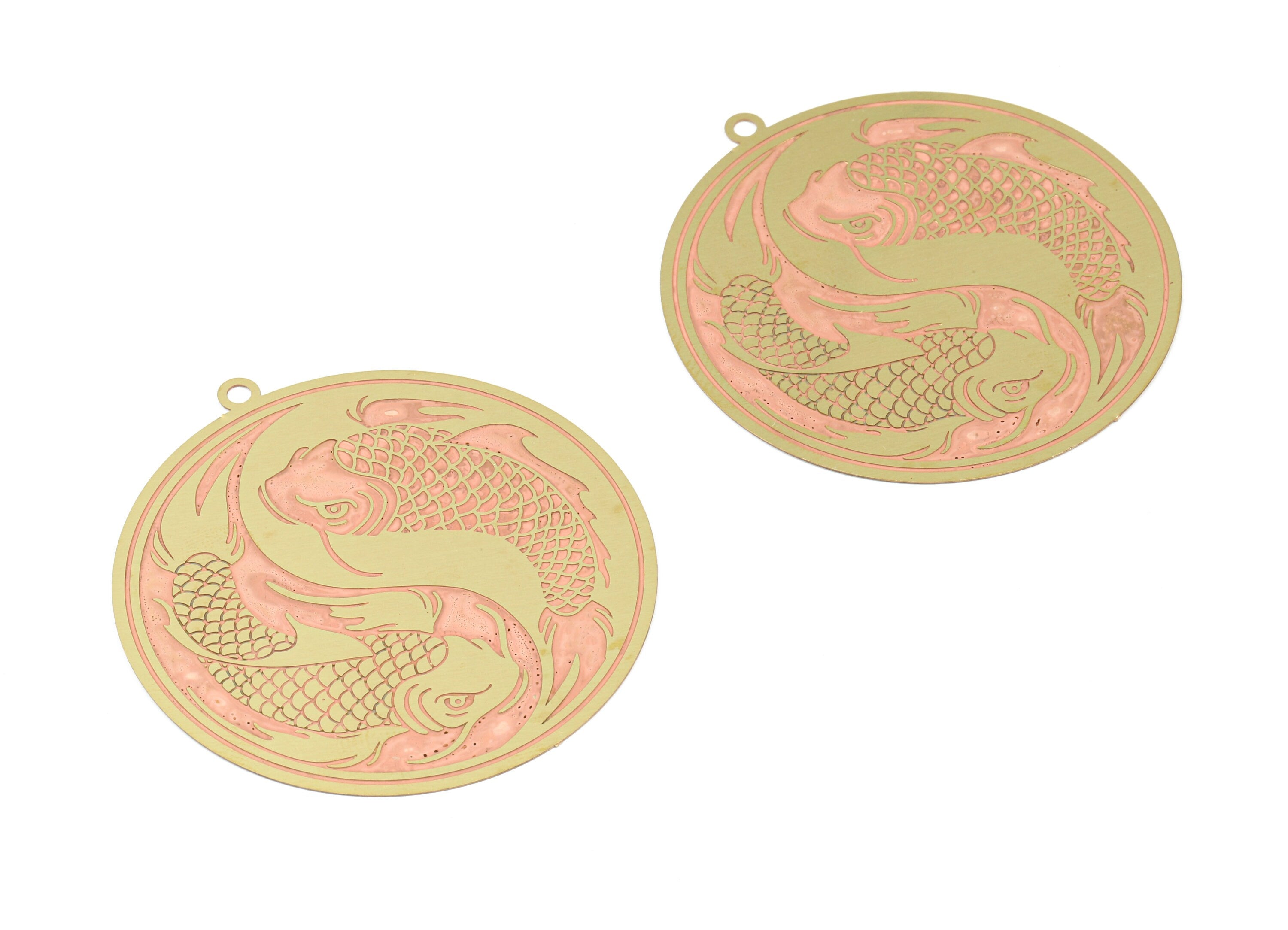 Brass Carp Earring Charms - Raw Brass Carp Round Pendant - Earring Findings - Jewelry Supplies - 53x50x0.3mm - JJA4578 - DOMEDBAZAAR