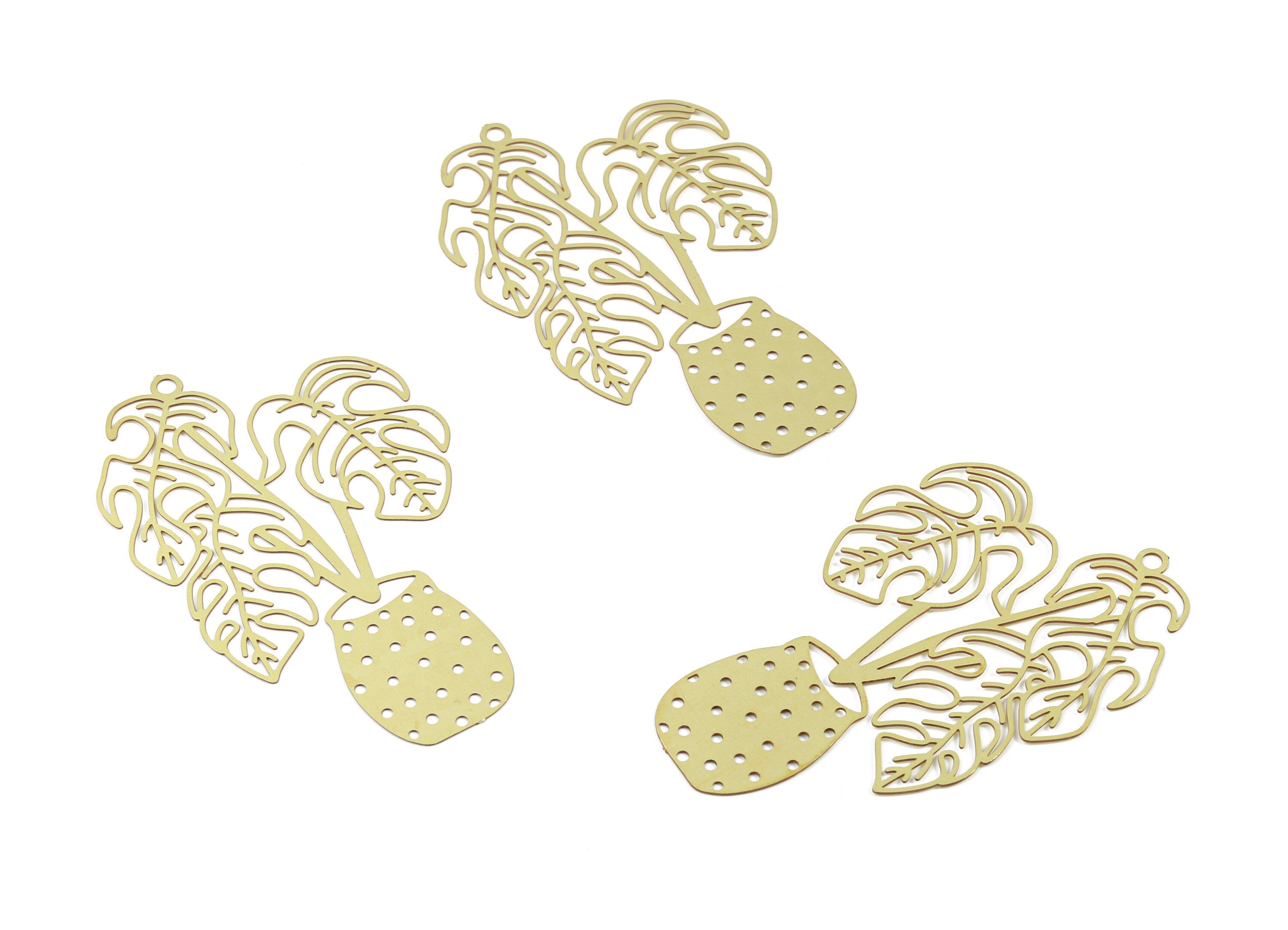 Brass Monstera Earring Charms - Raw Brass Monstera Vase Pendant - Earring Findings - Jewellery Supplies - 51.67x33.3x0.3mm - JJB5853 - DOMEDBAZAAR