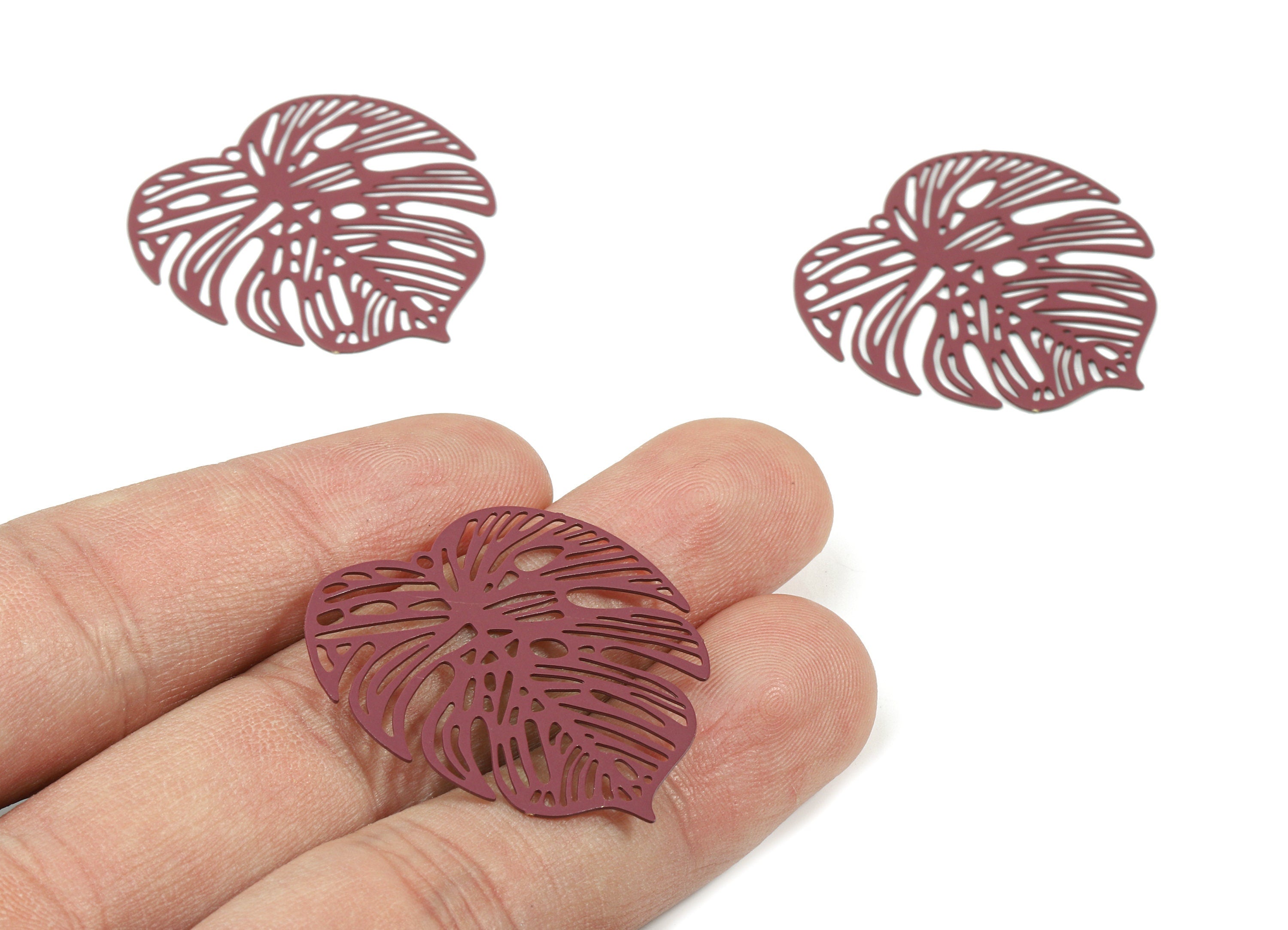 Purple Monstera Pendant - Brass Monstera Charm For Necklace - Earring Supplies - Color Code: J22 - 37x36.43x5.47mm - JJB5106-J22 - DOMEDBAZAAR