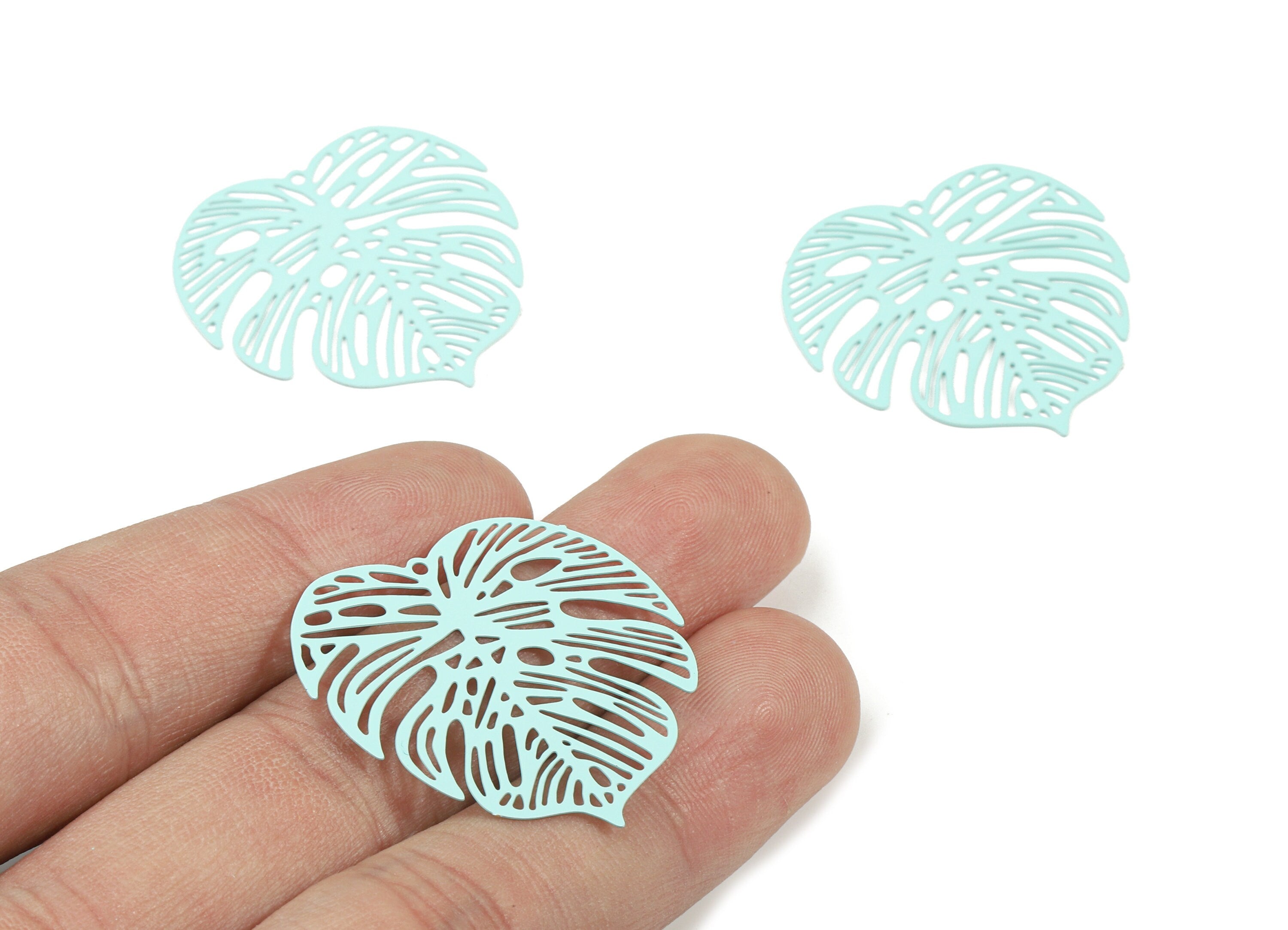 Light Green Monstera Pendant - Brass Monstera Charm For Necklace - Earring Supplies - Color Code: J14 - 37x36.43x5.47mm - JJB5106-J14 - DOMEDBAZAAR