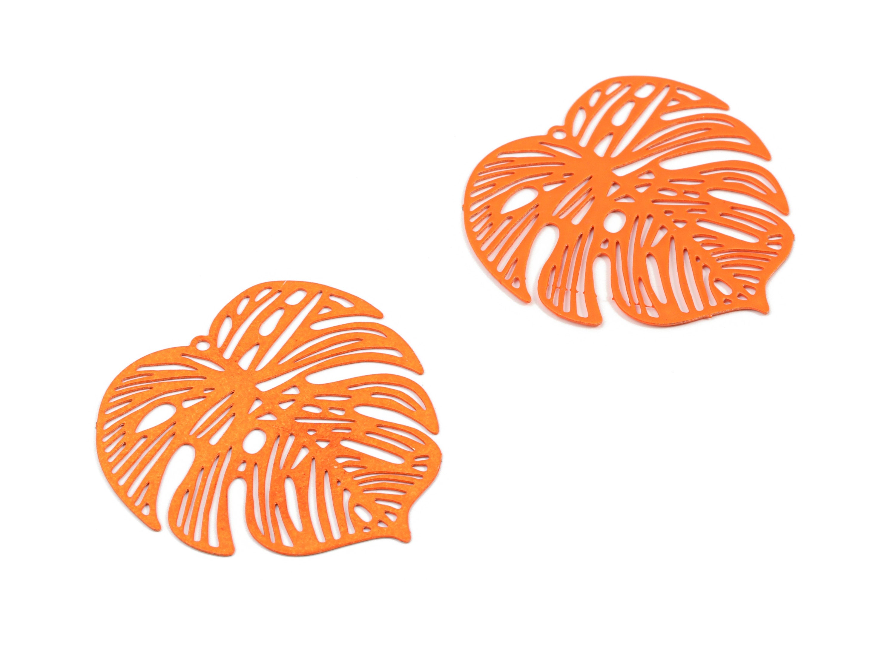 Luminous Orange Monstera Pendant - Brass Monstera Charm For Necklace - Earring Supplies - Color Code: J20 - 37x36.43x5.47mm - JJB5106-J20 - DOMEDBAZAAR