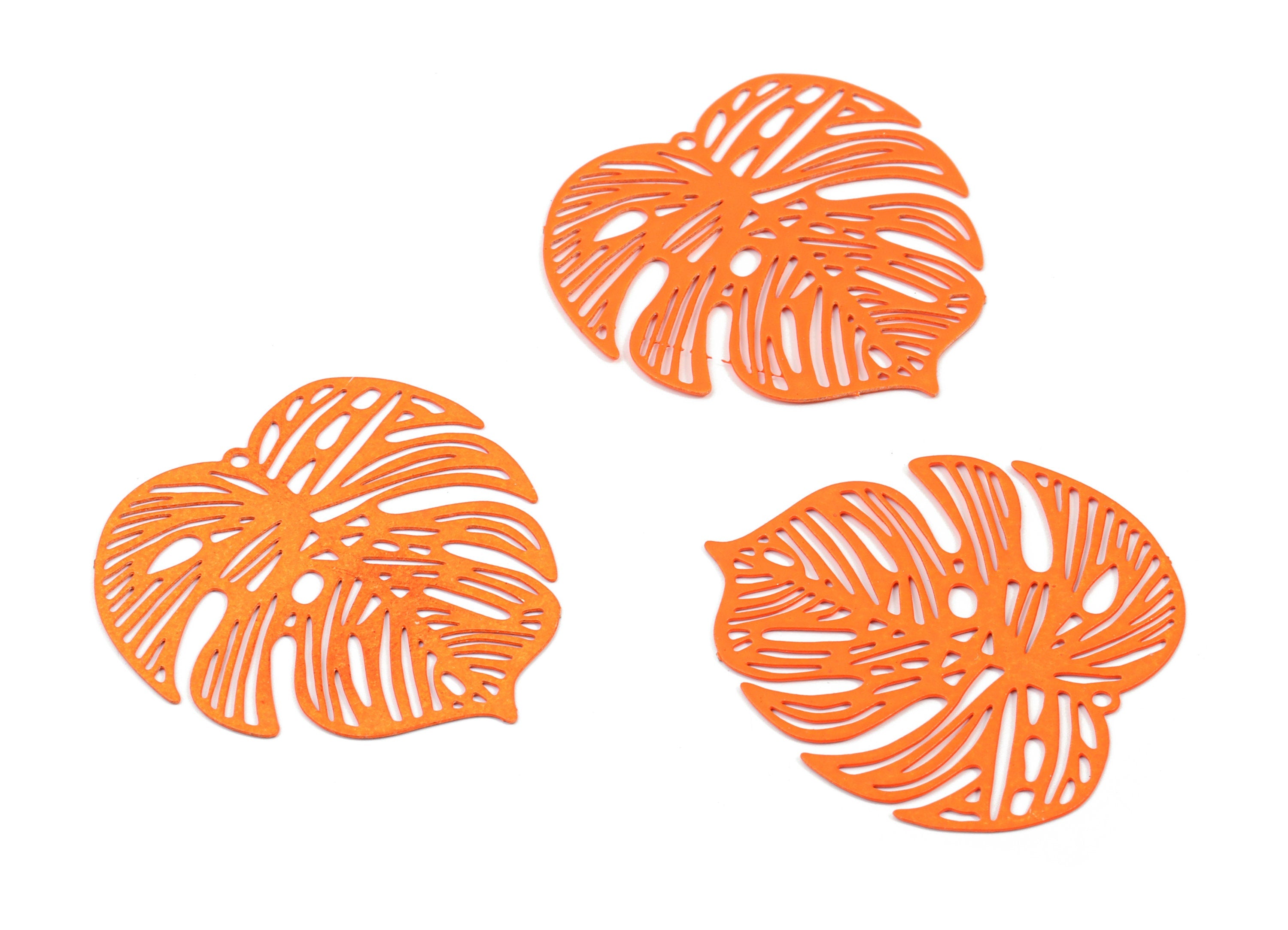 Luminous Orange Monstera Pendant - Brass Monstera Charm For Necklace - Earring Supplies - Color Code: J20 - 37x36.43x5.47mm - JJB5106-J20 - DOMEDBAZAAR