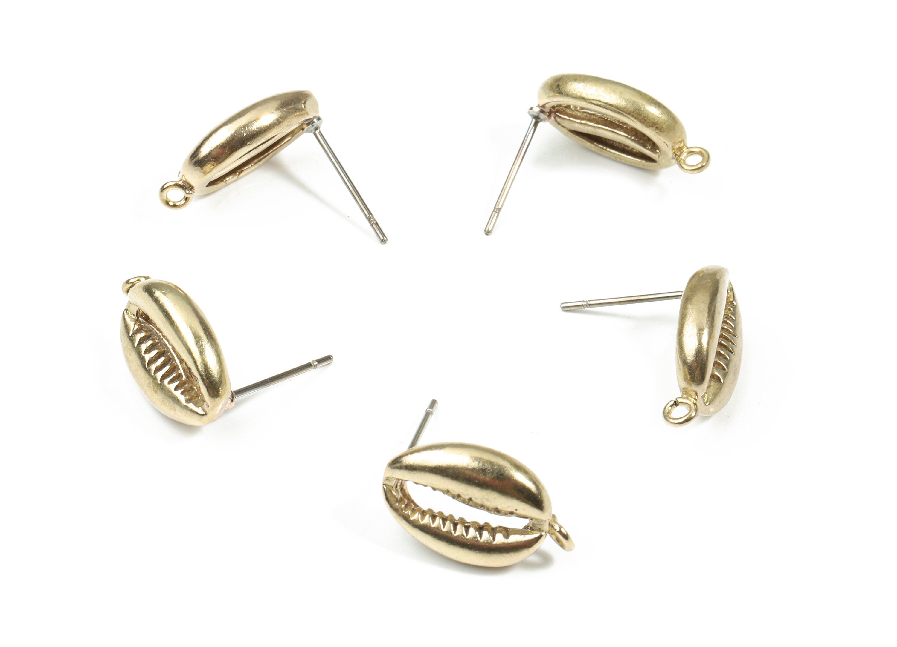 Brass Cowrie Seashell Earring Stud - Raw Brass Cut Open Seashells Earring Post - Surgical Steel - Jewelry Supplies - 19.4x10.1x3.5mm- PP3269 - DOMEDBAZAAR