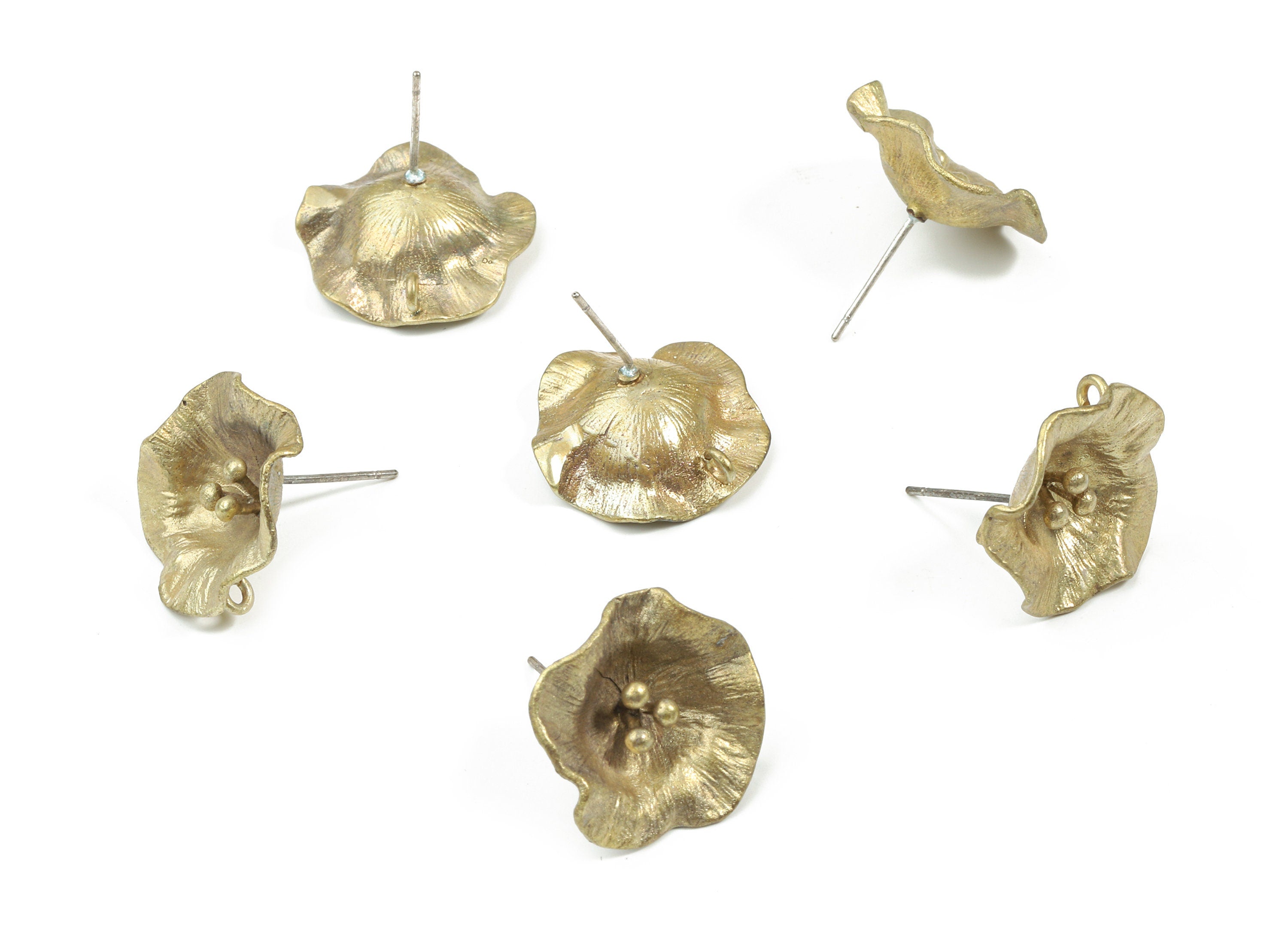 Brass Flower Earring Stud With Loop - Raw Brass Water Lily Earring Post - 325 Real Silver Stud - Jewelry Supplies - 17.6x17.6x0.8mm - PP3242 - DOMEDBAZAAR