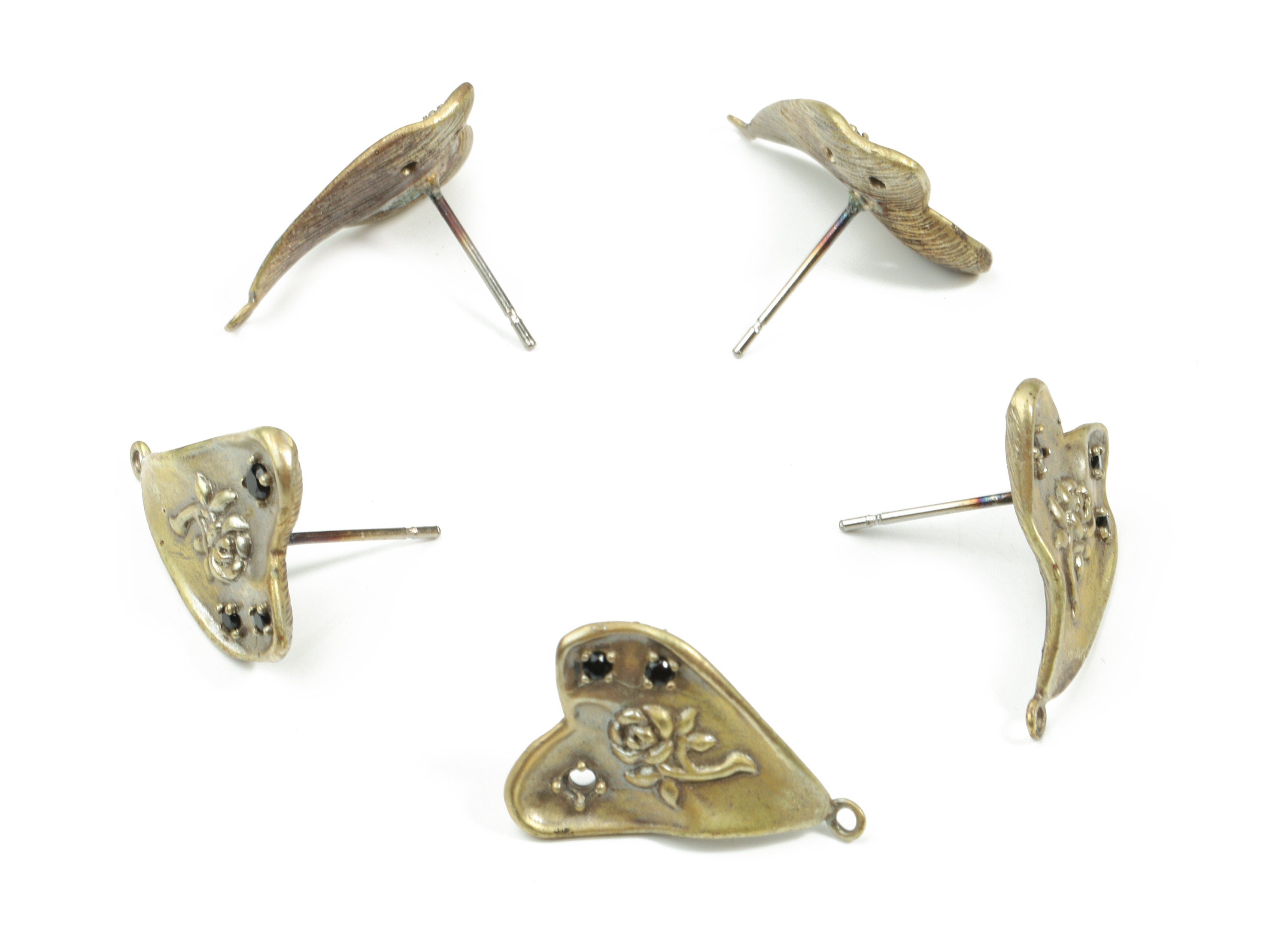 Brass Heart Earring Stud With Loop - Raw Brass Rose Heart Earring Post With Zircon - Surgical Stud - 19.26x14.61x1.55mm - PP3262 - DOMEDBAZAAR