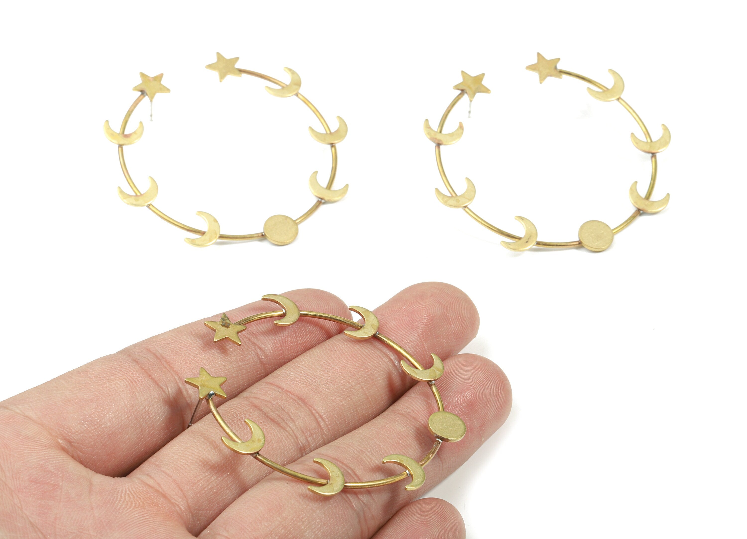 Brass Stars Hoop Stud Earring - Raw Brass Open Hoop Crescent Earring Post - Surgical Stud - Jewelry Supplies - 50.65x8.23x2.18mm - PP3315 - DOMEDBAZAAR