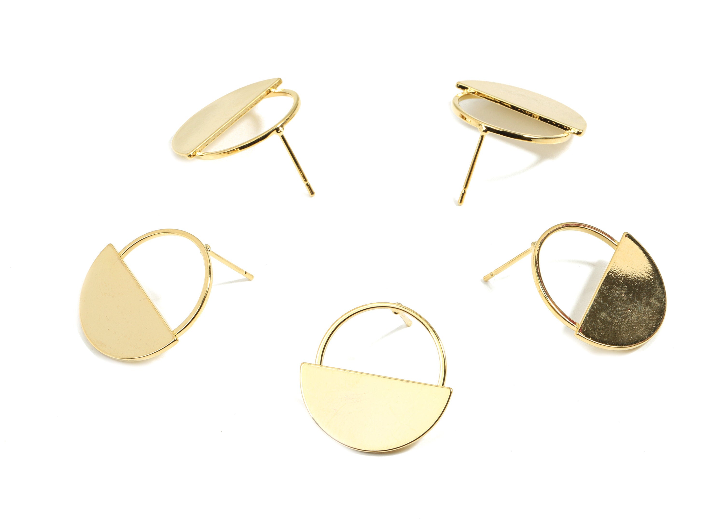 Brass Half Moon Earring Post - Gold Semi Circle Earring Stud - 18K Real Gold Plated Brass - Surgical Stud - 22.15x22x2.15mm - RGP2604 - DOMEDBAZAAR