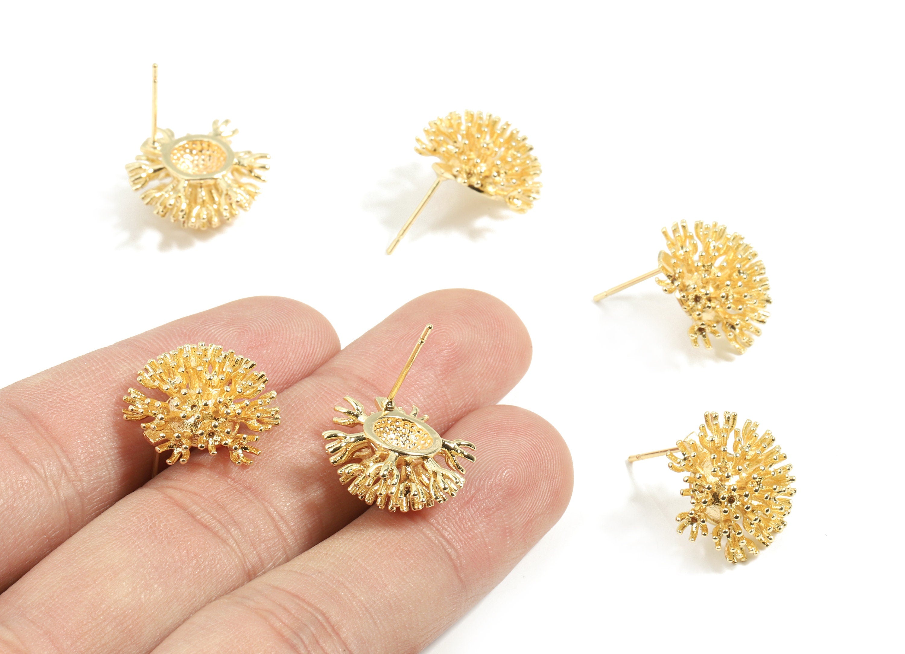 Brass Coral Earring Post - Gold Coral Earring Stud - 18K Real Gold Plated Brass - Surgical Stud - Jewelry Supplies - 16x16x8.43mm - RGP2600 - DOMEDBAZAAR