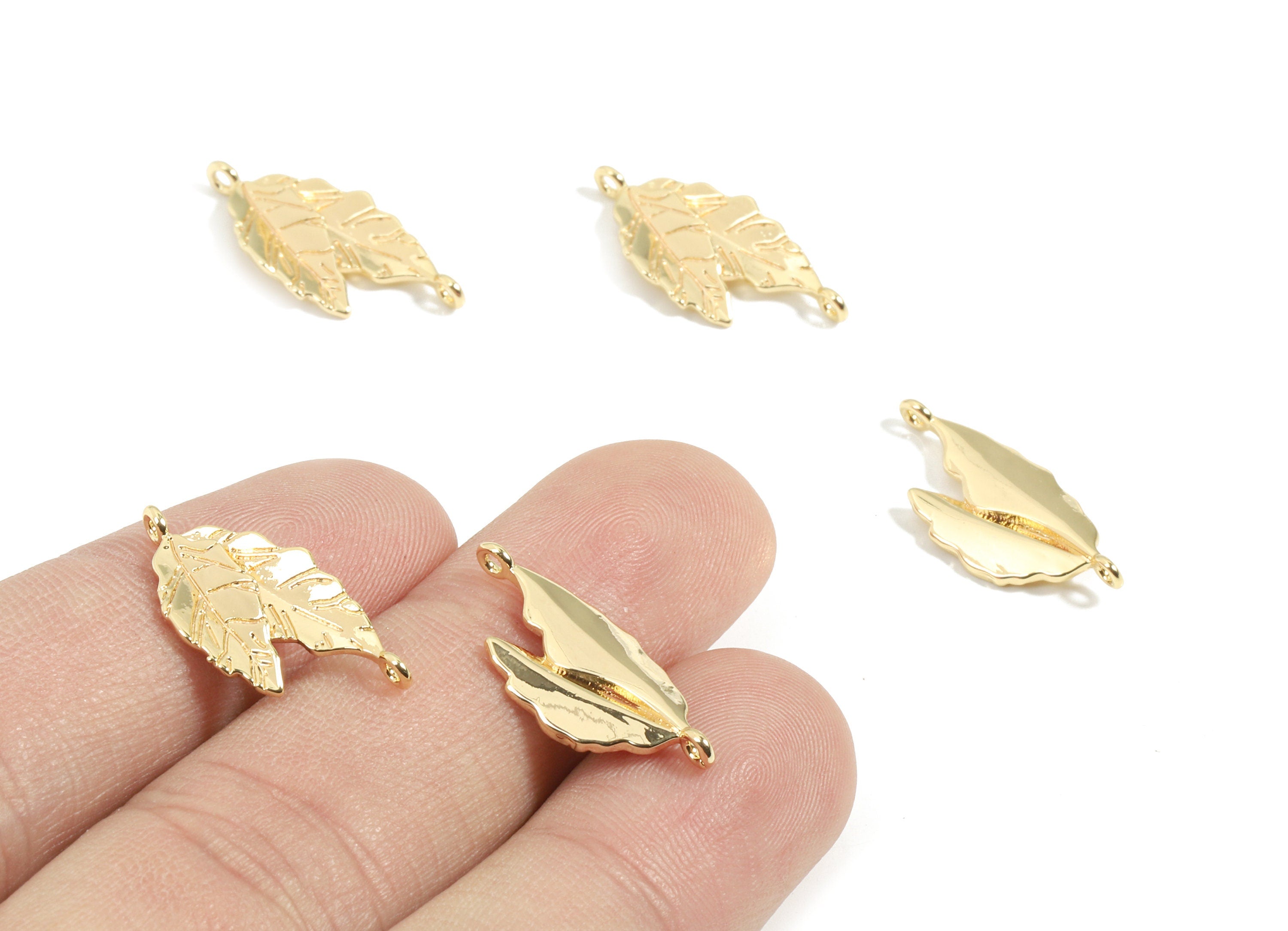 Brass Leafs Earring Charms - Gold  Double Leaf Pendant - 18K Real Gold Plated Brass - Jewelry Supplies - 22.37x10.22x2.57mm - RGP2602 - DOMEDBAZAAR