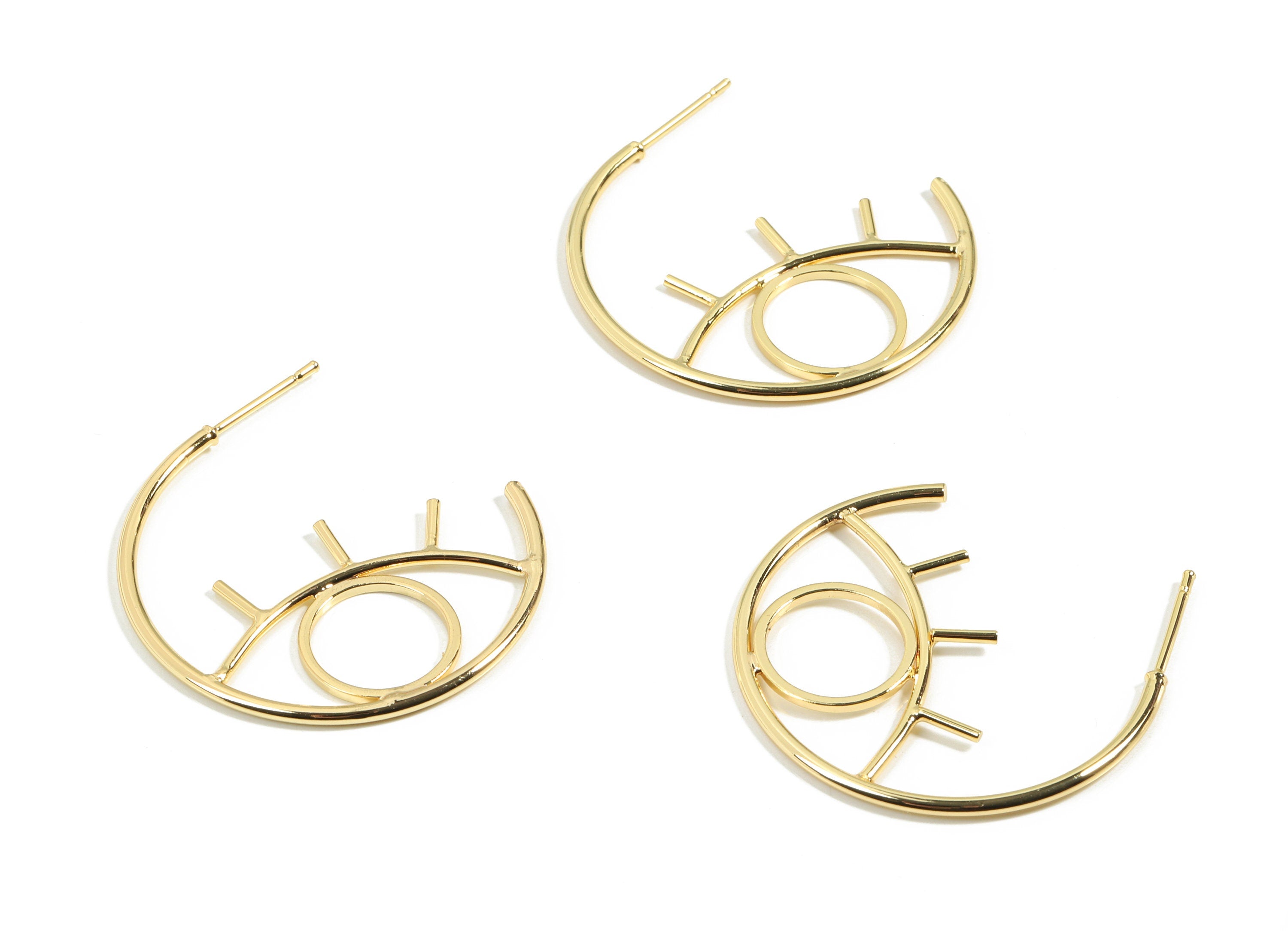 Brass Eye Earring Post - Gold Eye Earring Stud - Eye Open Hoop - 18K Real Gold Plated Brass - Surgical Stud - 34.96x19.47x1.48mm - RGP2607 - DOMEDBAZAAR