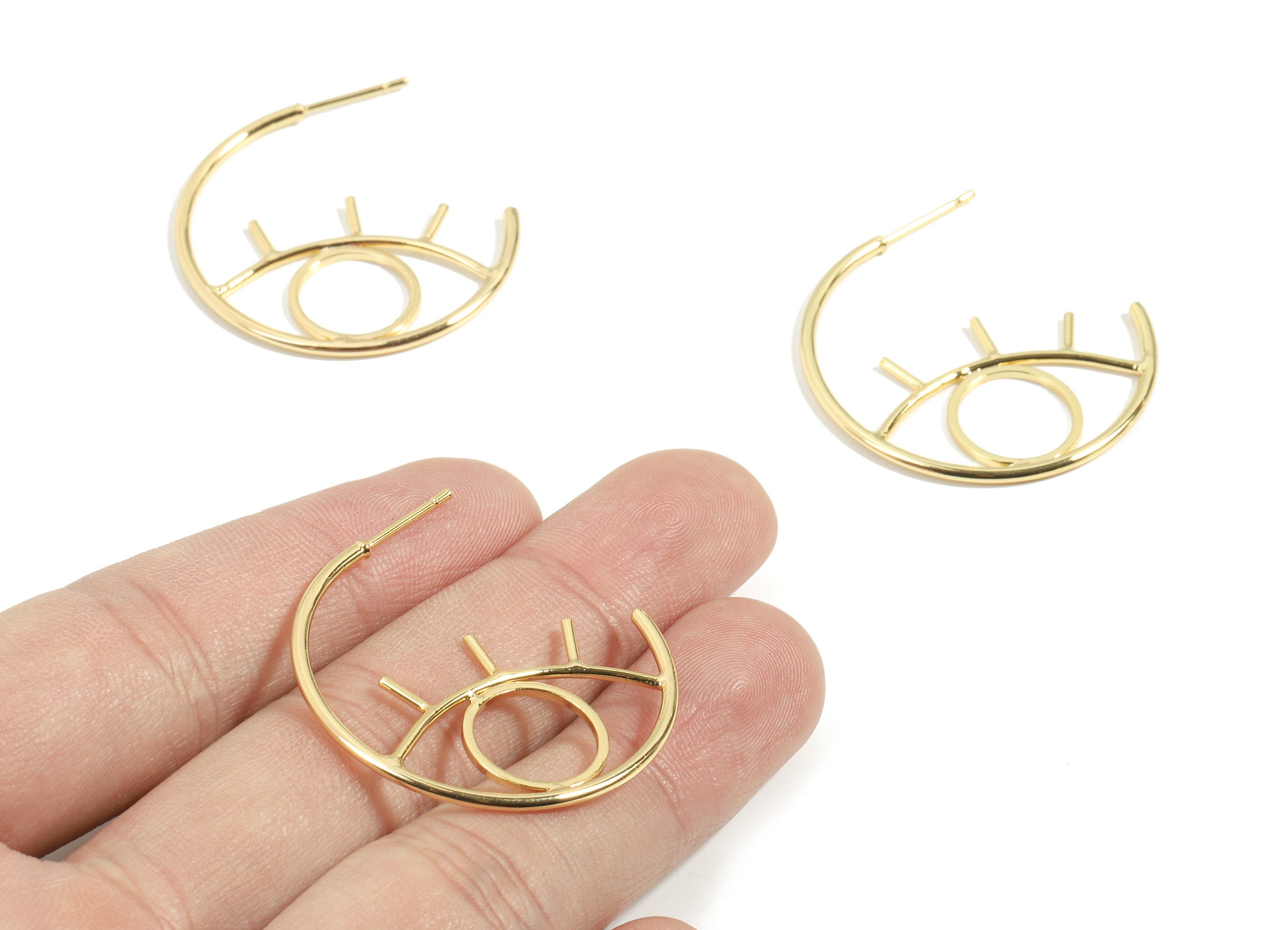 Brass Eye Earring Post - Gold Eye Earring Stud - Eye Open Hoop - 18K Real Gold Plated Brass - Surgical Stud - 34.96x19.47x1.48mm - RGP2607 - DOMEDBAZAAR
