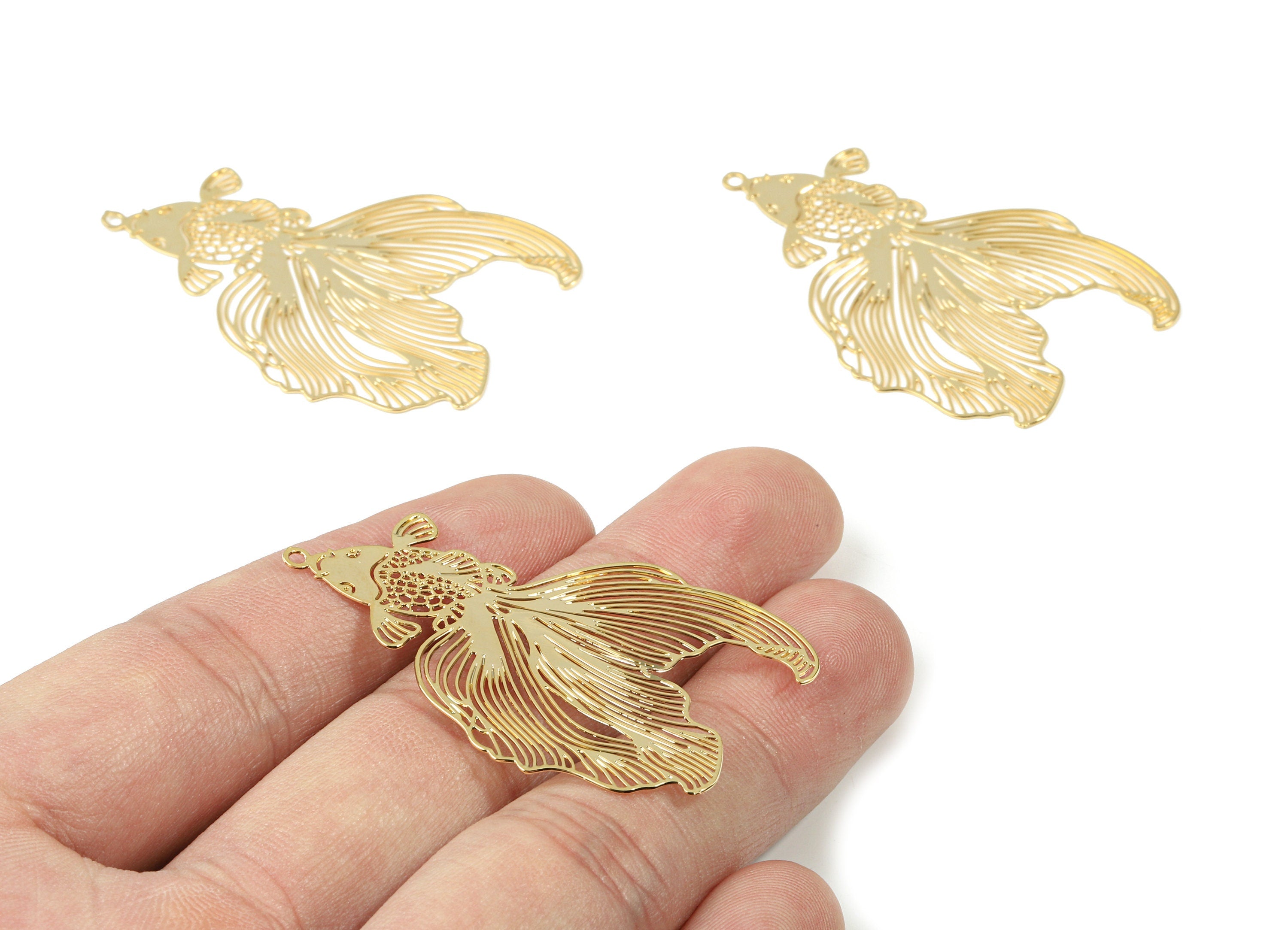 Brass Goldfish Earring Charms - Gold Lattice Pendant - 18K Real Gold Plated Brass - Jewelry Supplies - 49.15x30.82x0.38mm - RGP2609 - DOMEDBAZAAR