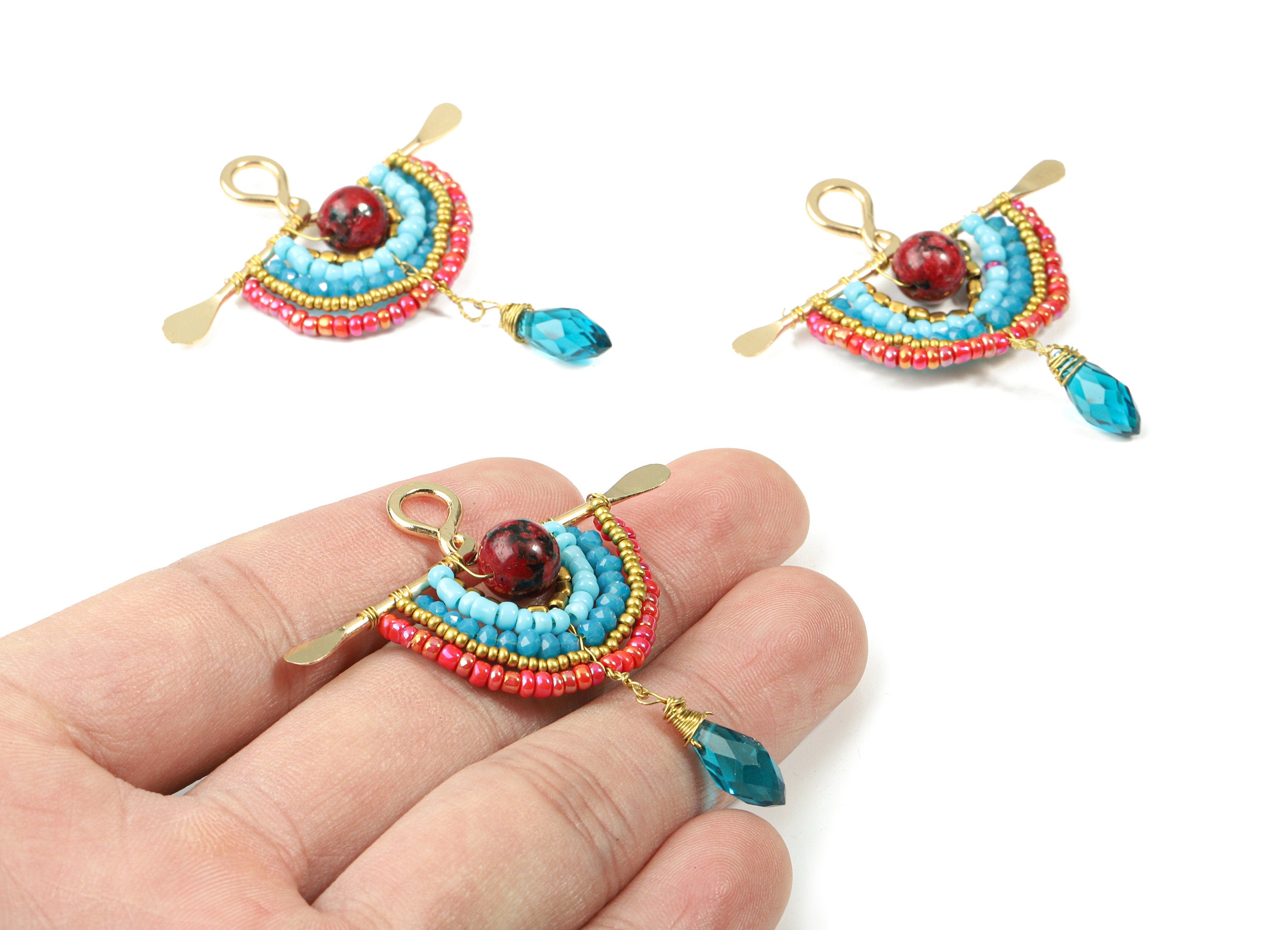 Glass Beaded Brass Semi Circle Earring Charms - Handmade Glass Beaded Hammered Brass  Pendant - Japanese Seed Beads - 57x47x7.5mm - TH1071B - DOMEDBAZAAR