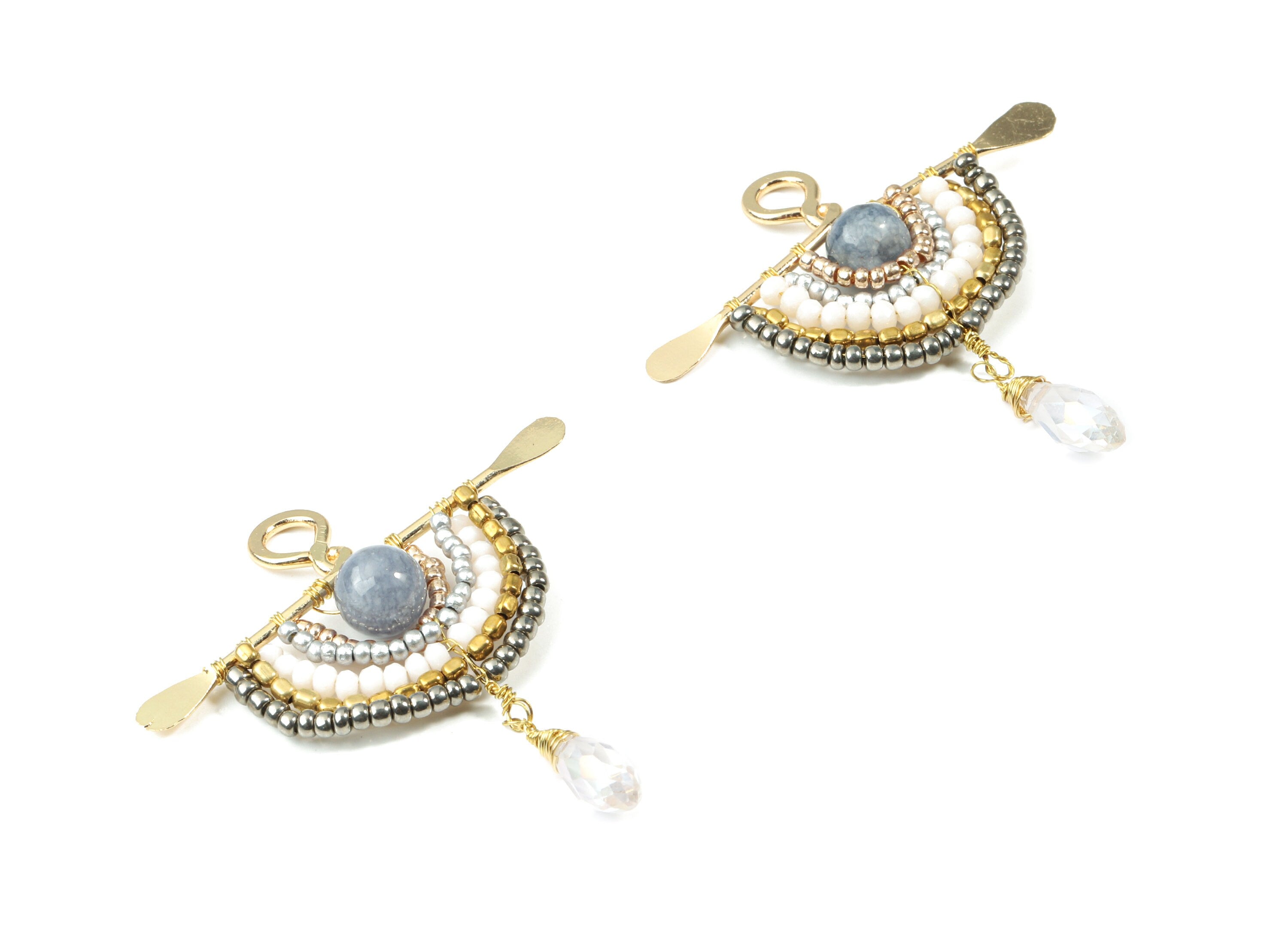 Glass Beaded Brass Semi Circle Earring Charms - Handmade Glass Beaded Hammered Brass  Pendant - Japanese Seed Beads - 57x47x7.5mm - TH1071C - DOMEDBAZAAR
