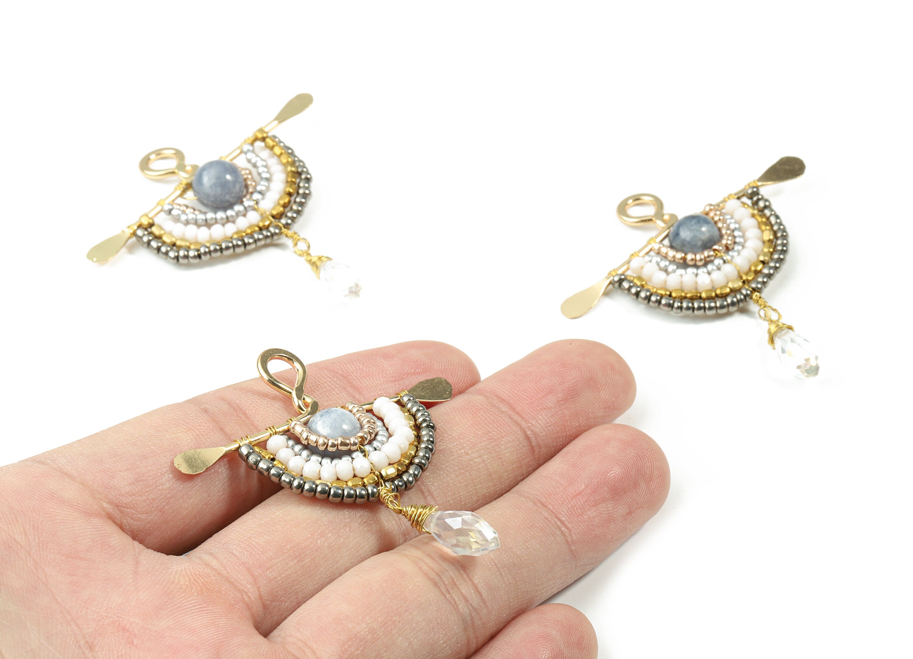 Glass Beaded Brass Semi Circle Earring Charms - Handmade Glass Beaded Hammered Brass  Pendant - Japanese Seed Beads - 57x47x7.5mm - TH1071C - DOMEDBAZAAR