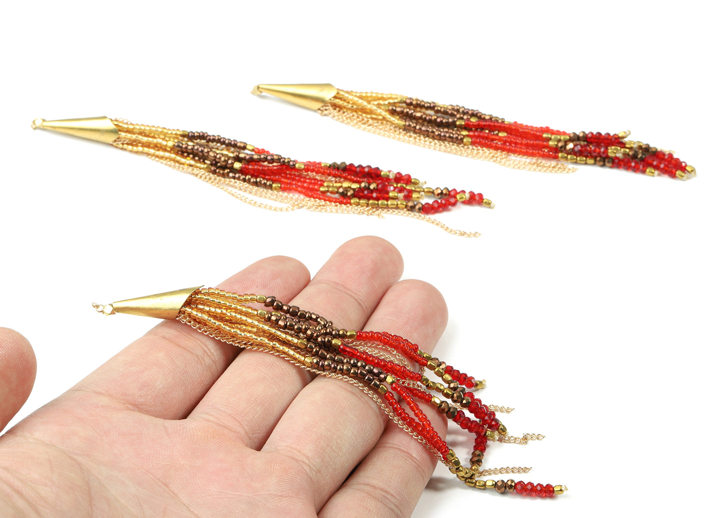 Glass Beaded Tassel Earrings - Handmade Glass Beaded Earring Tassel With Brass Cap - Japanese Seed Beads - Boho Charm - 118x7.03mm - TH1073B - DOMEDBAZAAR