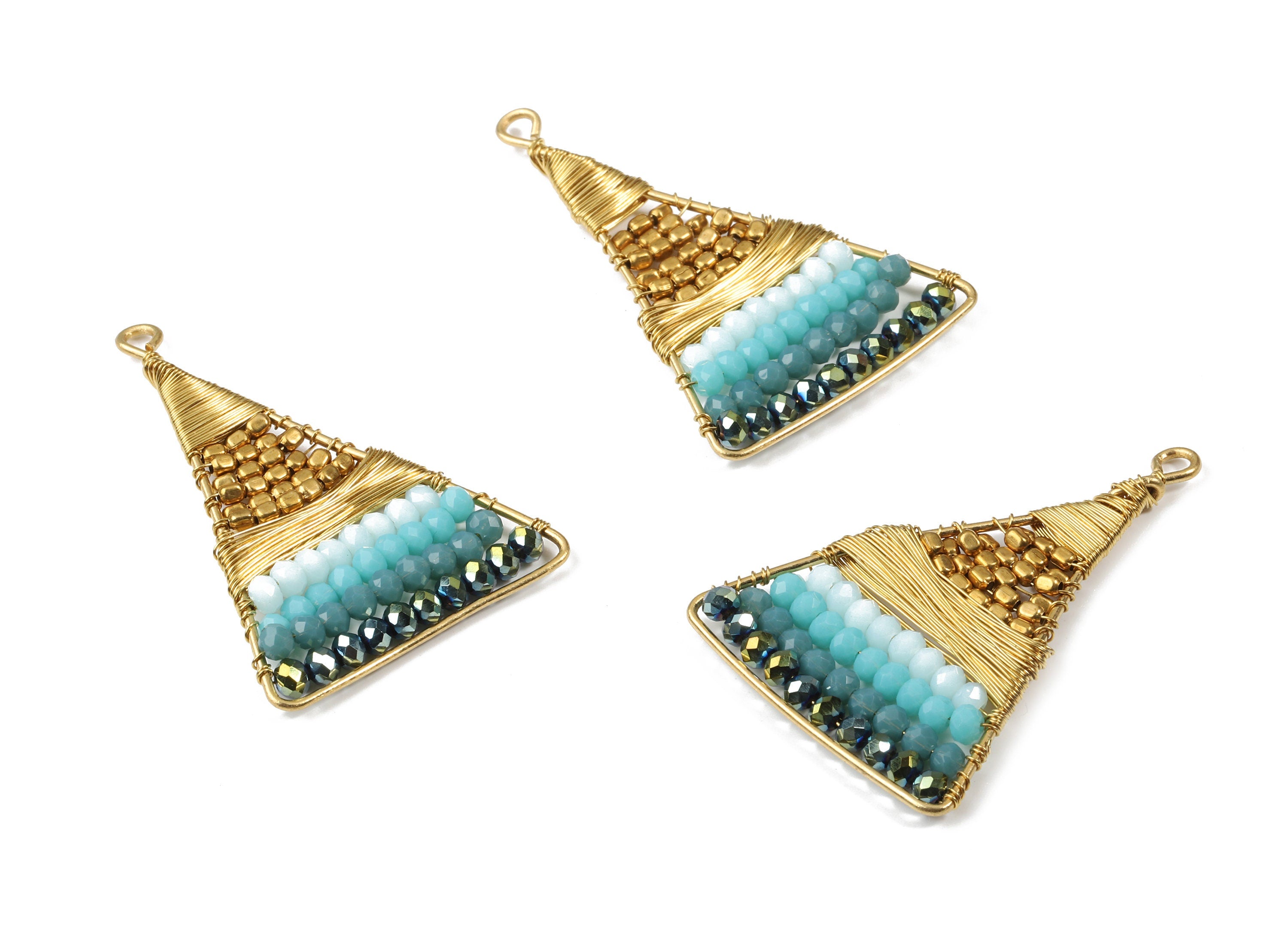 Glass Beaded Brass Triangle Earring Charms - Handmade Glass Beaded Brass - Earring Wire - Japanese Seed Beads - 47.76x31.42x3.37mm - TH1074A - DOMEDBAZAAR