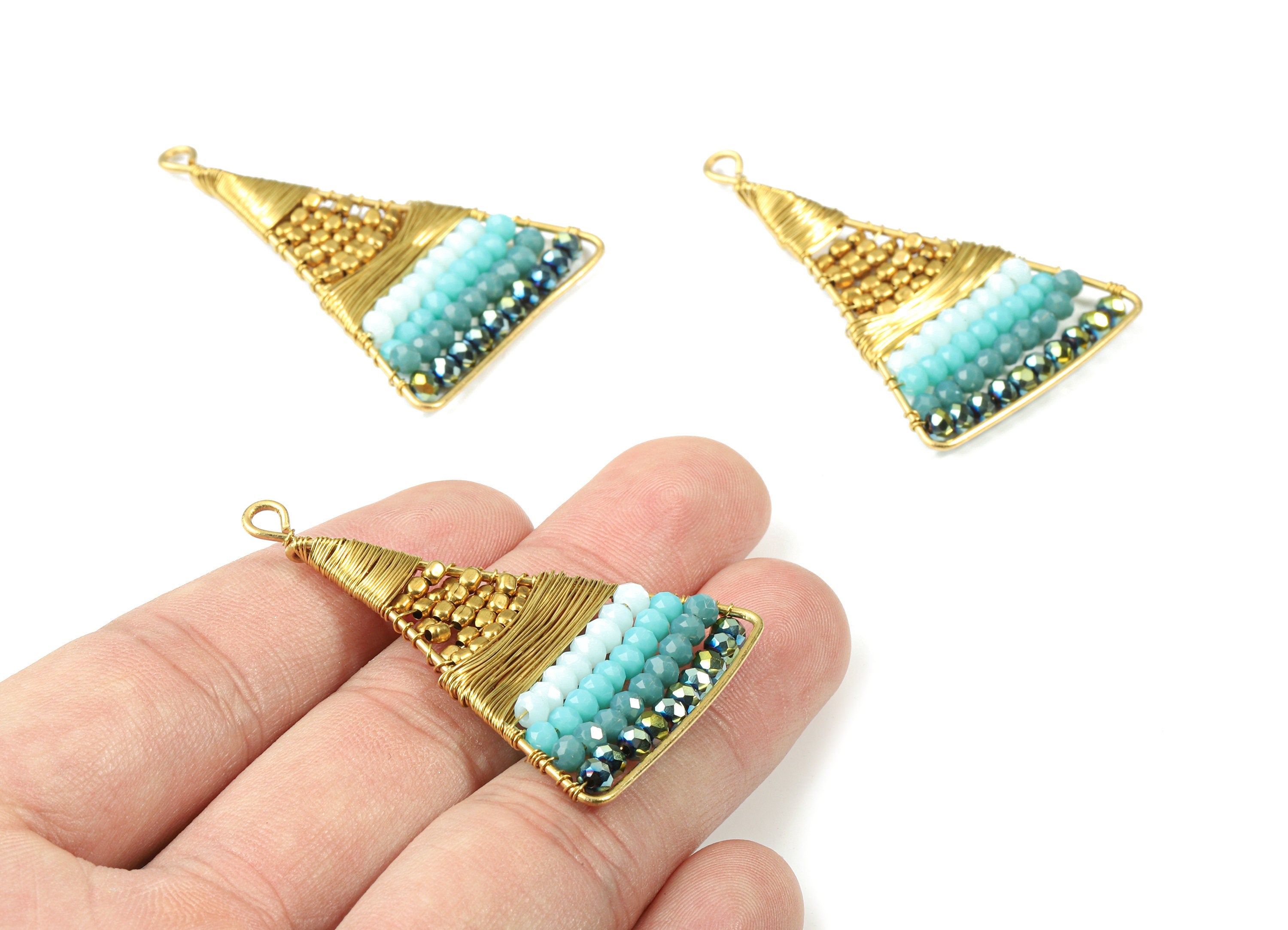 Glass Beaded Brass Triangle Earring Charms - Handmade Glass Beaded Brass - Earring Wire - Japanese Seed Beads - 47.76x31.42x3.37mm - TH1074A - DOMEDBAZAAR