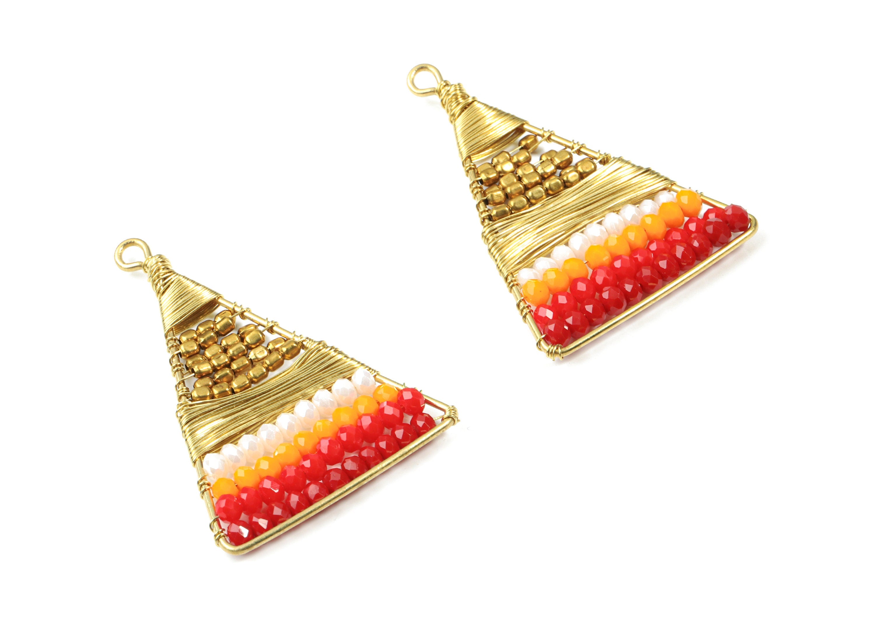 Glass Beaded Brass Triangle Earring Charms - Handmade Glass Beaded Brass - Earring Wire - Japanese Seed Beads - 47.76x31.42x3.37mm - TH1074C - DOMEDBAZAAR