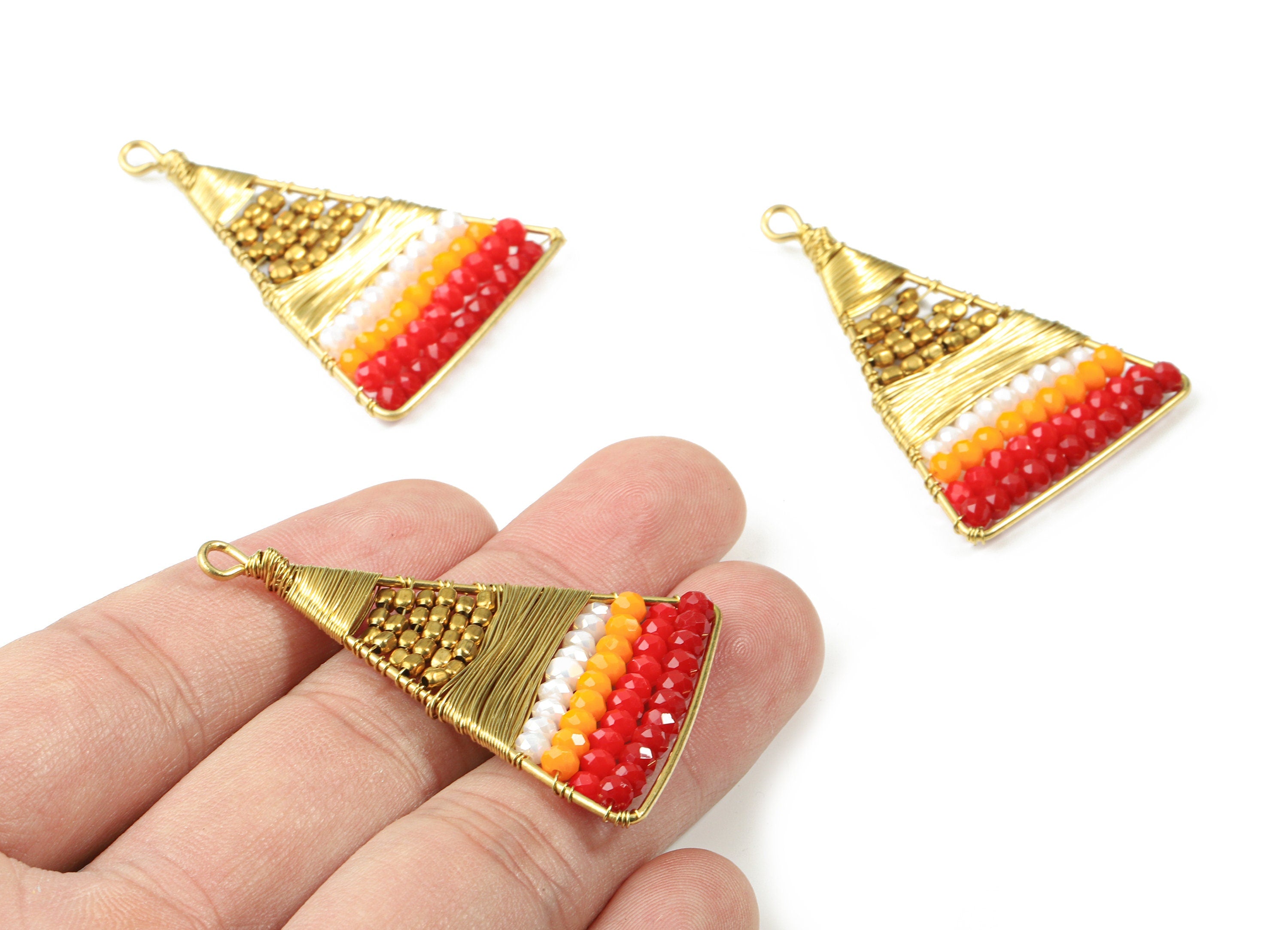 Glass Beaded Brass Triangle Earring Charms - Handmade Glass Beaded Brass - Earring Wire - Japanese Seed Beads - 47.76x31.42x3.37mm - TH1074C - DOMEDBAZAAR