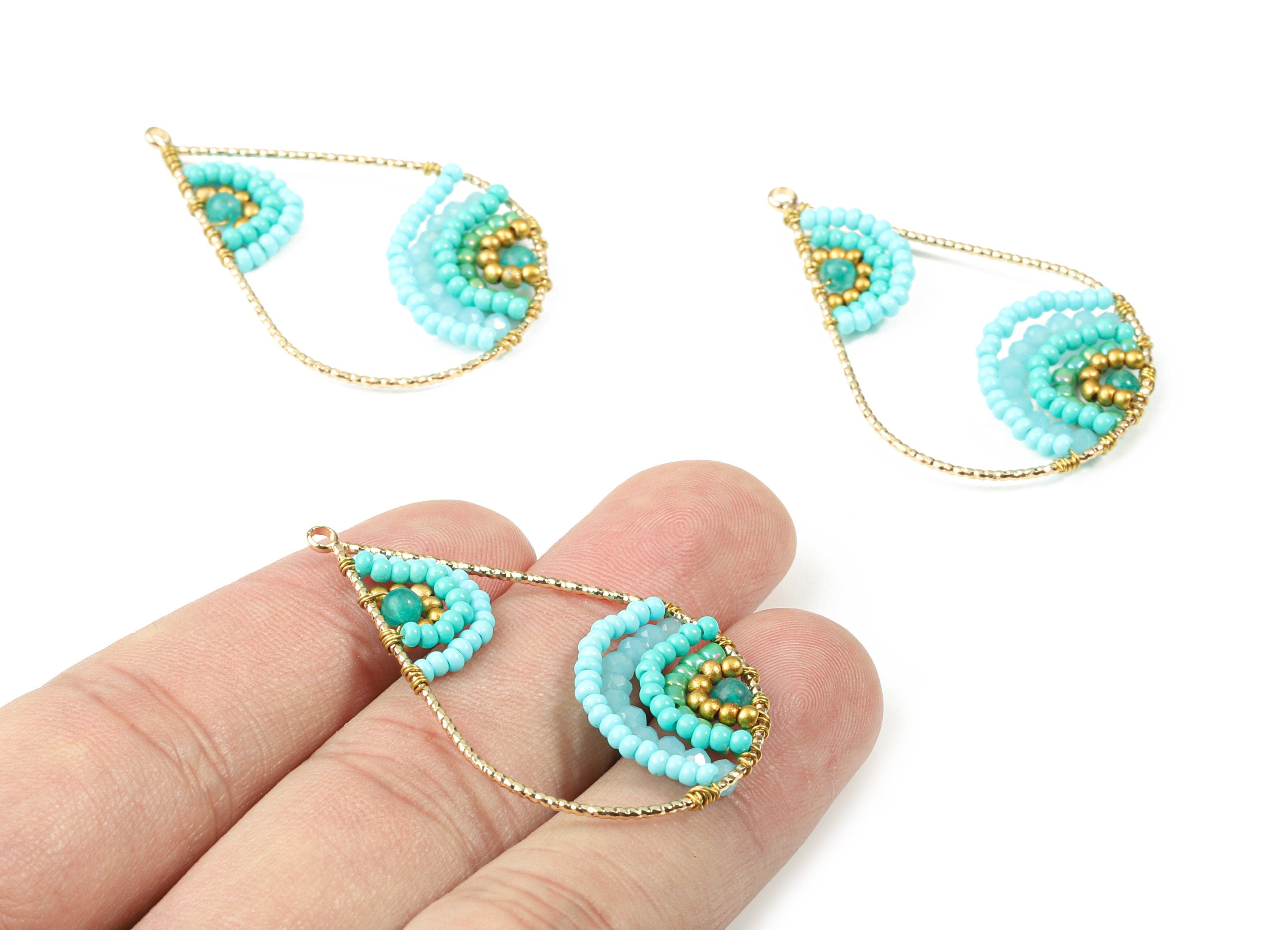 Glass Beaded Brass Drop Earring Charms - Handmade Glass Beaded Brass - Earring Wire - Japanese Seed Beads  - 43.64x28.05x3.75mm - TH1075B - DOMEDBAZAAR