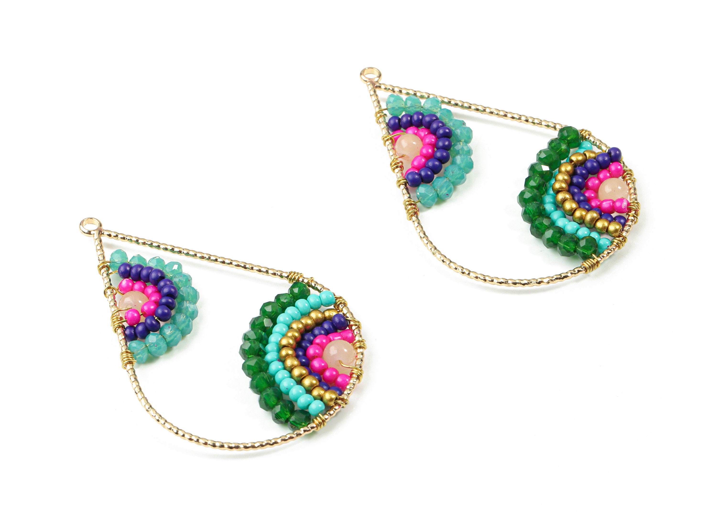 Glass Beaded Brass Drop Earring Charms - Handmade Glass Beaded Brass - Earring Wire - Japanese Seed Beads  - 43.64x28.05x3.75mm - TH1075D - DOMEDBAZAAR