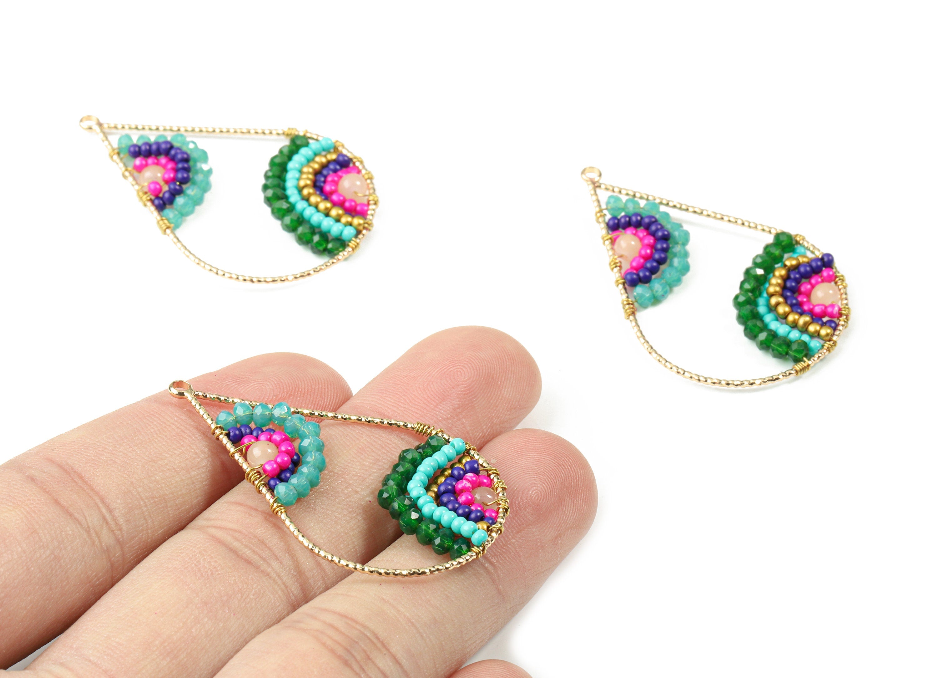 Glass Beaded Brass Drop Earring Charms - Handmade Glass Beaded Brass - Earring Wire - Japanese Seed Beads  - 43.64x28.05x3.75mm - TH1075D - DOMEDBAZAAR