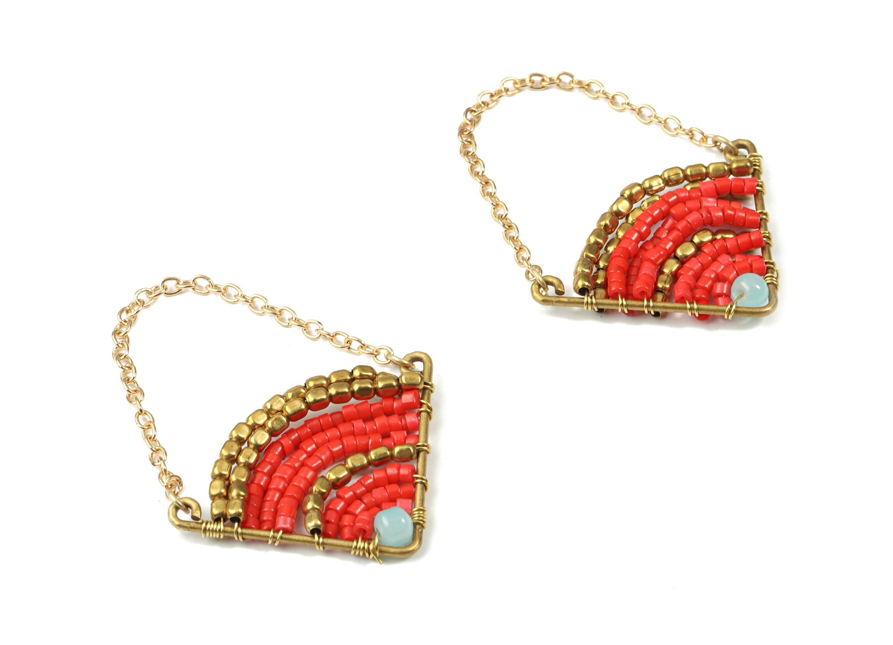 Glass Beaded Brass Triangle Earring Charms - Handmade Glass Beaded Brass - Tassel Chain - Japanese Seed Beads - 45x29.92x3.76mm - TH1076B - DOMEDBAZAAR