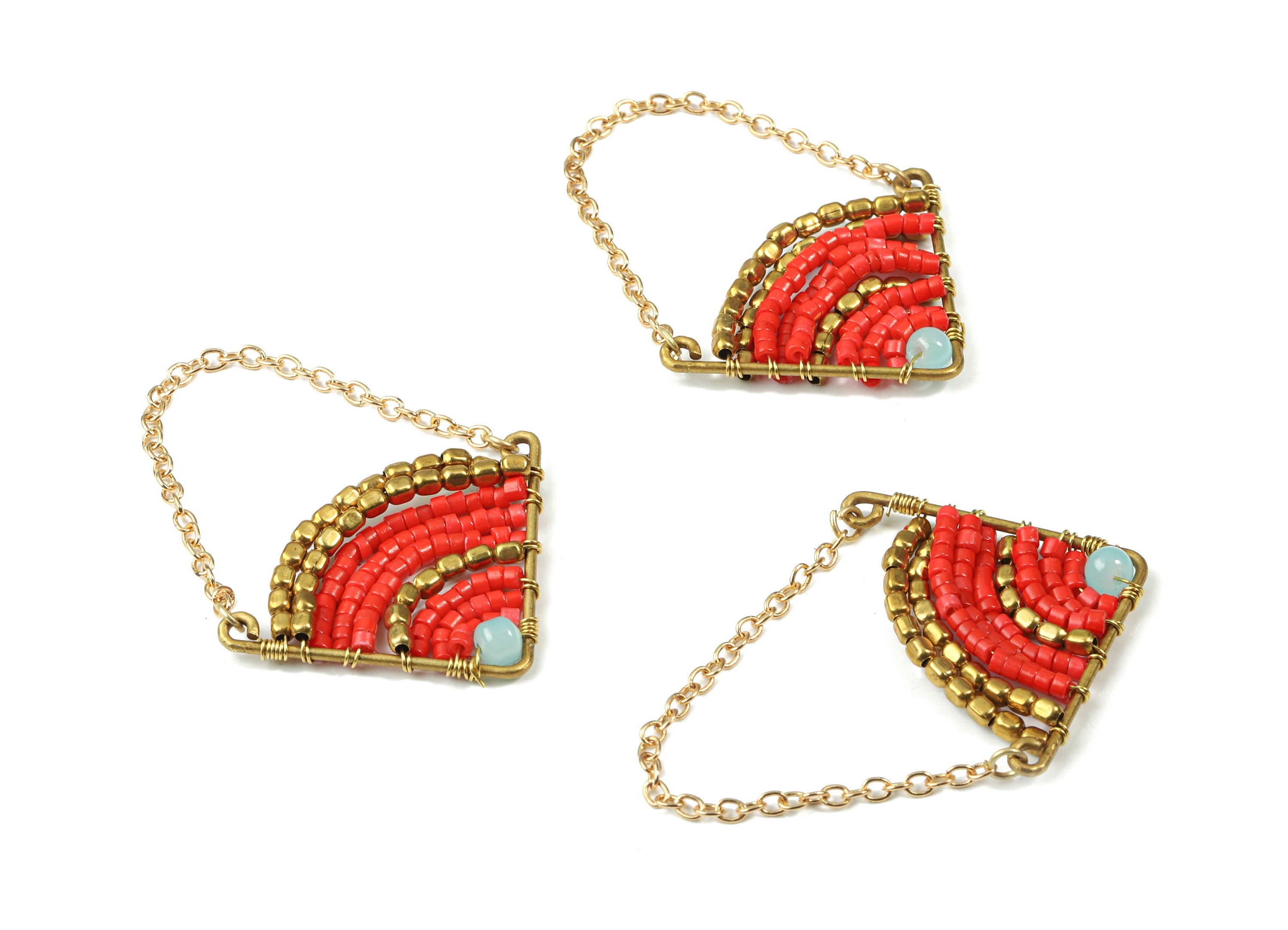 Glass Beaded Brass Triangle Earring Charms - Handmade Glass Beaded Brass - Tassel Chain - Japanese Seed Beads - 45x29.92x3.76mm - TH1076B - DOMEDBAZAAR