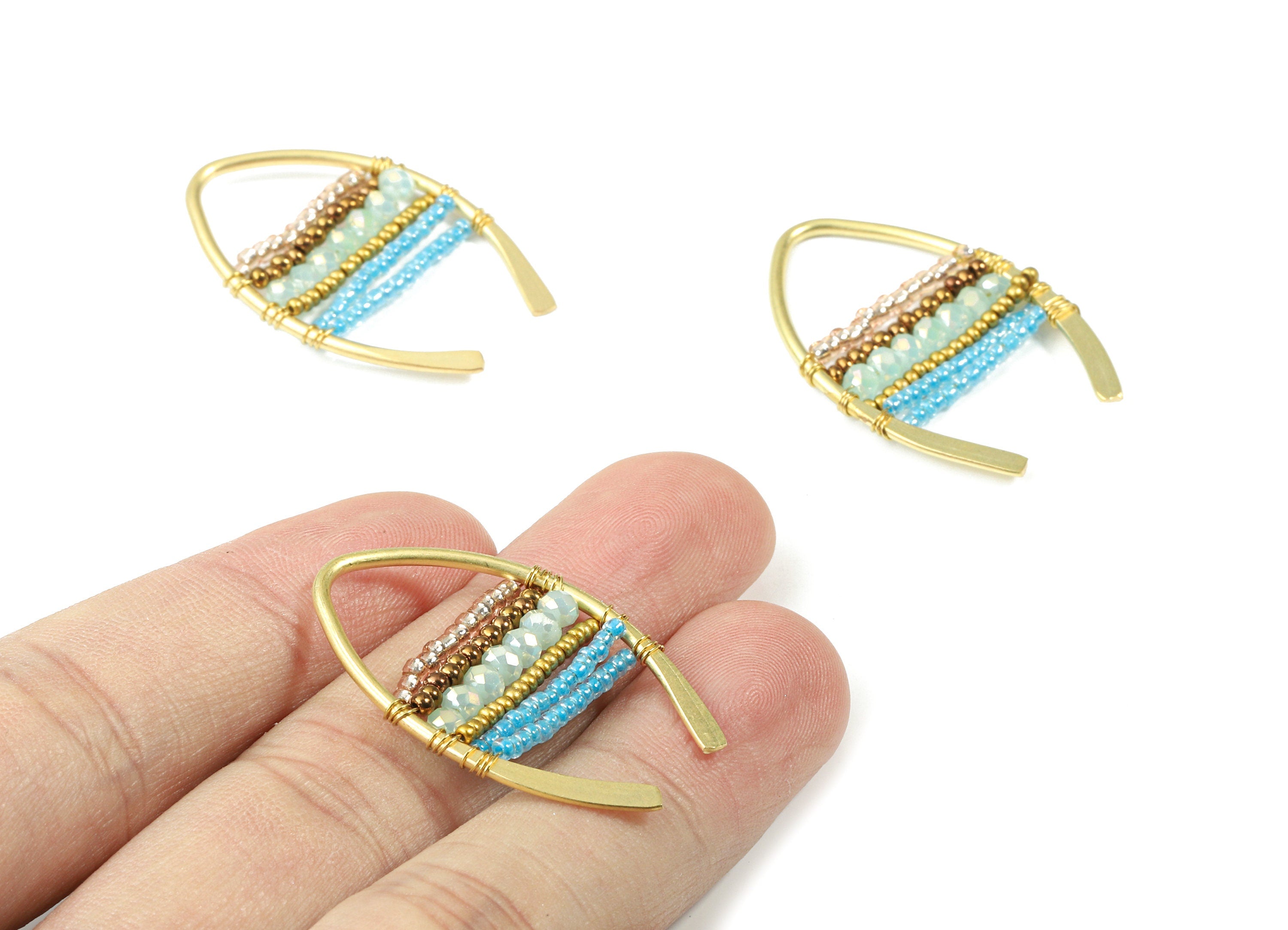 Glass Beaded Earring Charms - Raw Brass Hammered Earring Wire Pendant - Handmade Glass Beaded - Earring Findings - 35x22.89x3.46mm - TH1077 - DOMEDBAZAAR