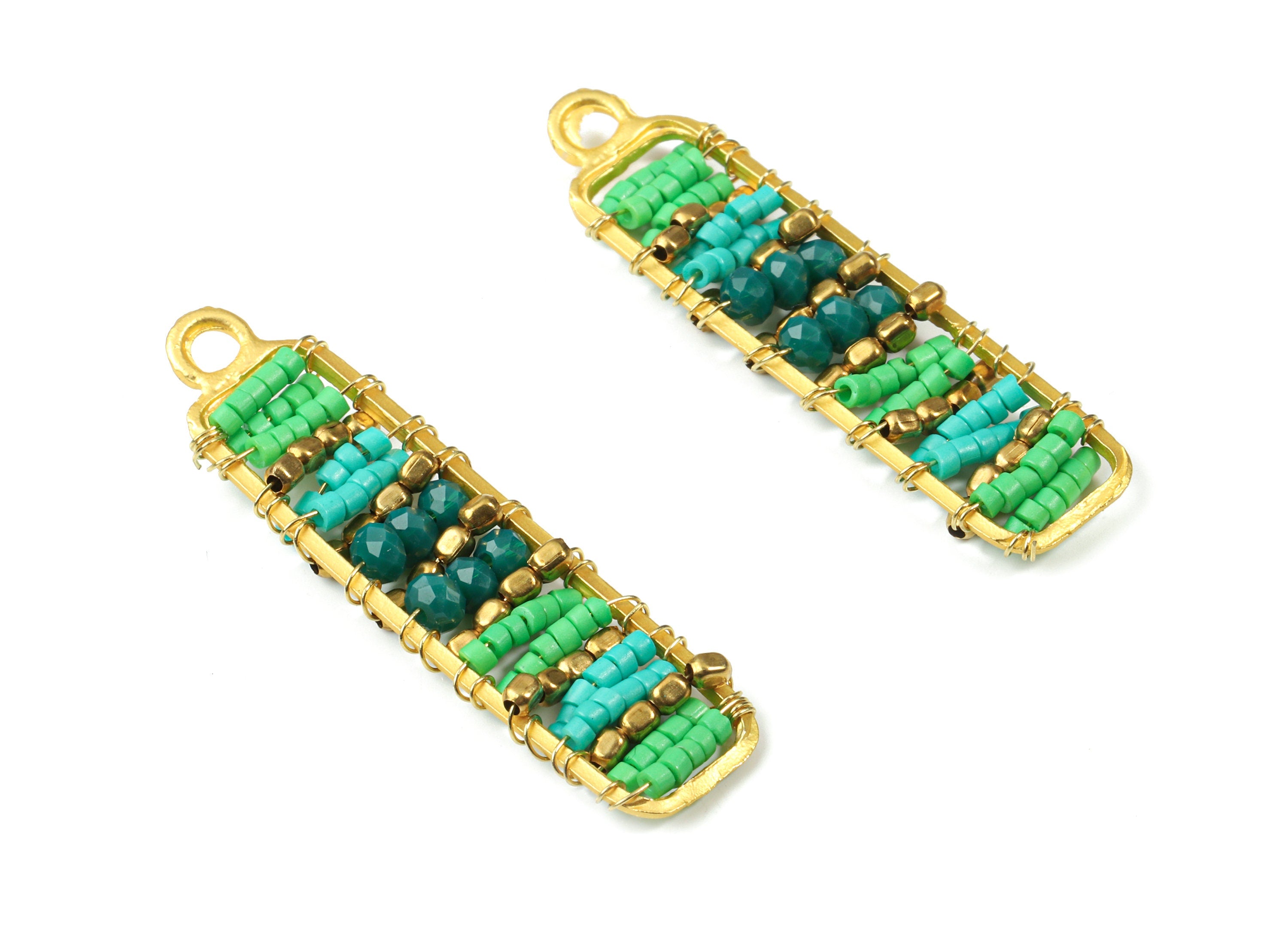 Glass Beaded Brass Rectangle Earring Charms - Handmade Glass Beaded Brass Earring Wire - Japanese Seed Beads - 44.29x11.93x3.7mm - TH1079A - DOMEDBAZAAR