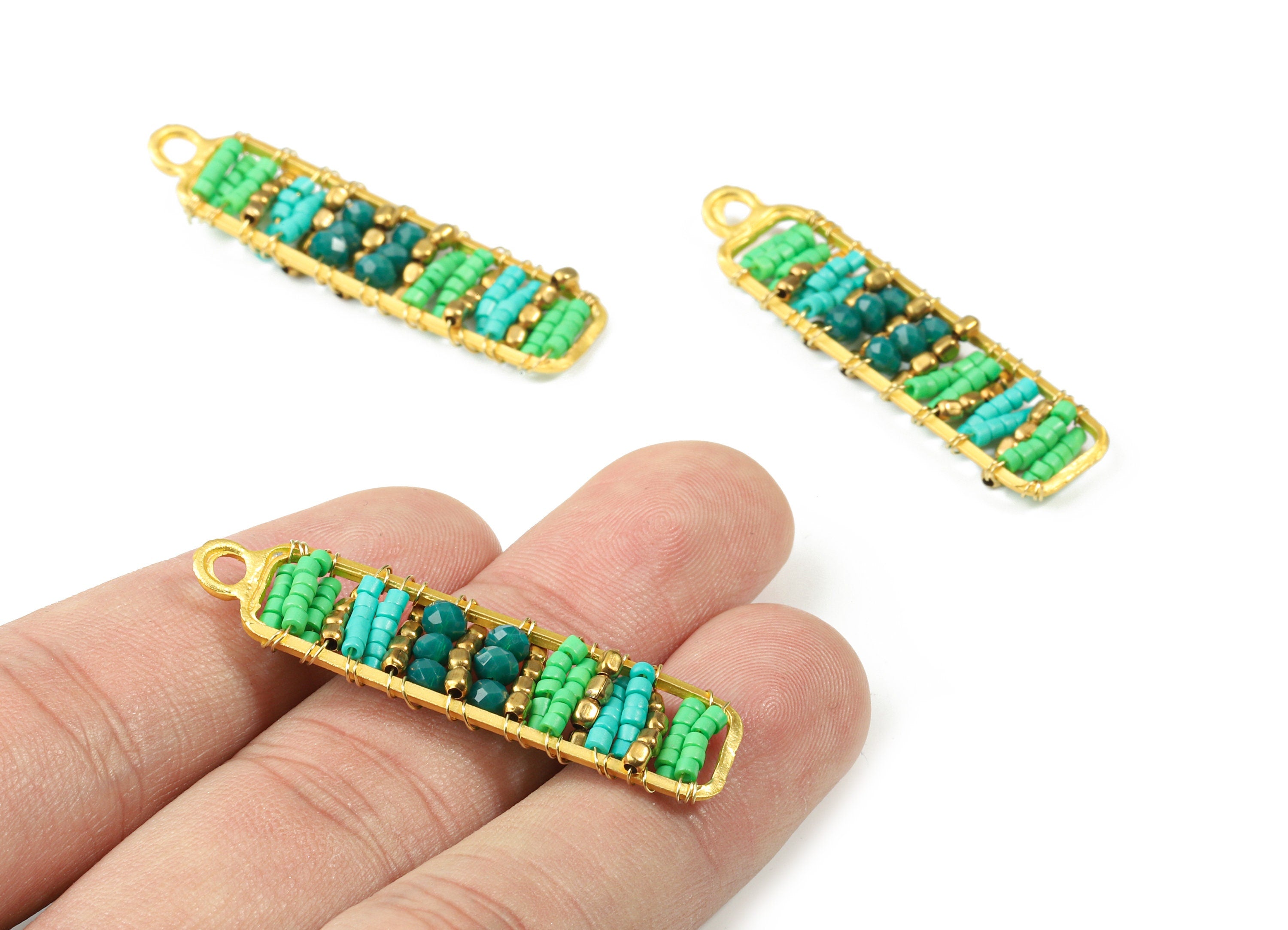 Glass Beaded Brass Rectangle Earring Charms - Handmade Glass Beaded Brass Earring Wire - Japanese Seed Beads - 44.29x11.93x3.7mm - TH1079A - DOMEDBAZAAR