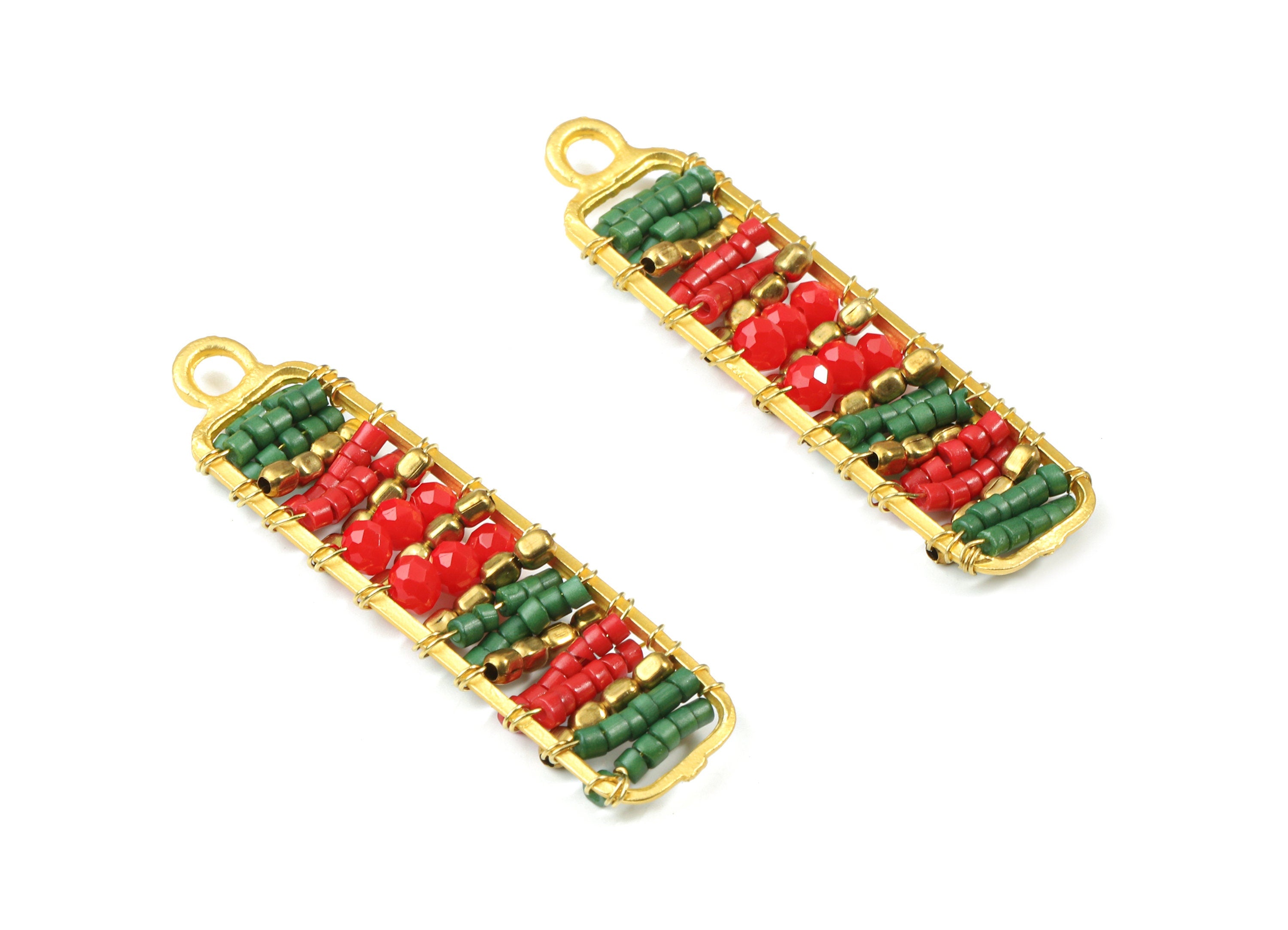 Glass Beaded Brass Rectangle Earring Charms - Handmade Glass Beaded Brass Earring Wire - Japanese Seed Beads - 44.29x11.93x3.7mm - TH1079B - DOMEDBAZAAR