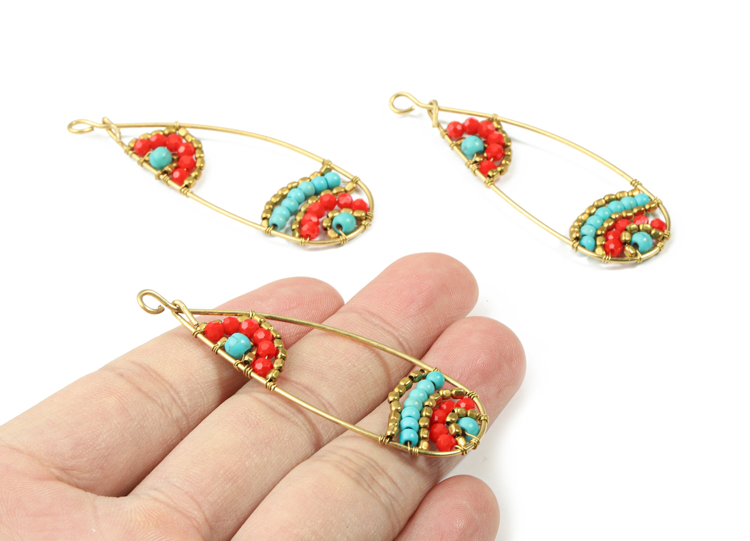 Glass Beaded Brass Drop Earring Charms - Handmade Glass Beaded Brass Earring Wire - Japanese Seed Beads  - 63.76x21.26x4.26mm - TH1080A - DOMEDBAZAAR
